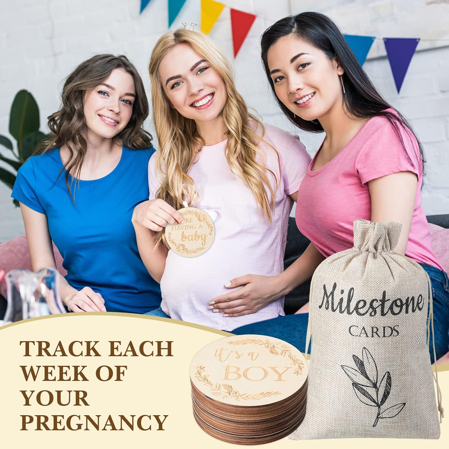 19 Pieces Pregnancy Milestone Signs Weekly Baby Bump Tracker 4.7" Milestone Cards Wooden Discs Double Sided Pregnancy Weekly Signs Neutral Baby Announcement Cards with Bag for Pregnant Moms image number 1