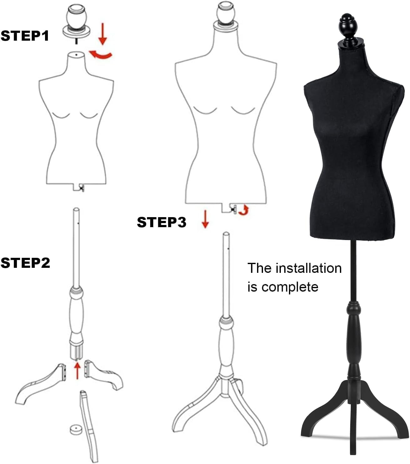 LIODUX Female Mannequins Torso Dress Form for Display Manikin Body Mannequin Stand, 150-170Cm Height Adjustable for Sewing Wooden Tripod Base, Foam Body (Black) image number 5