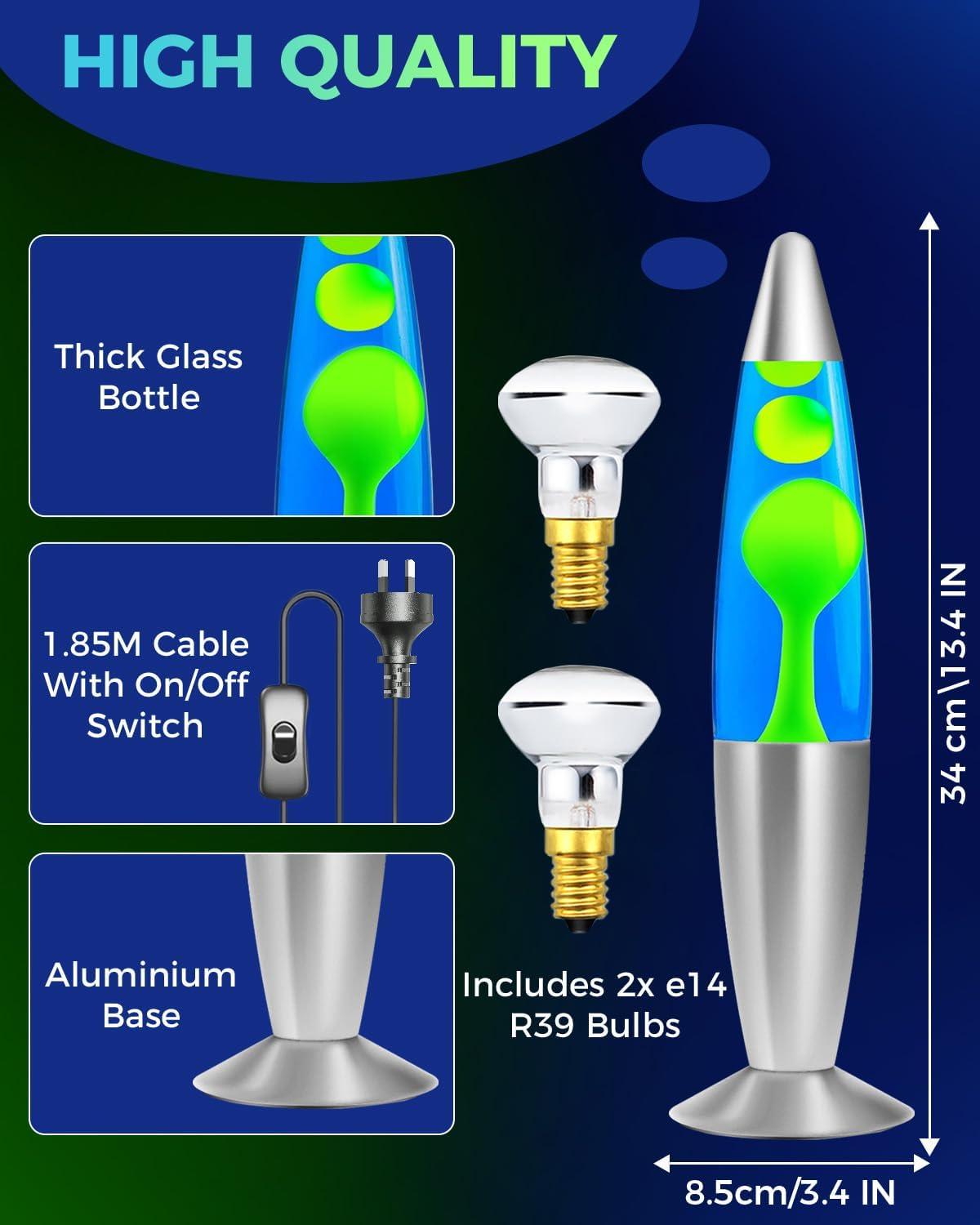 Bonlux Lavalamps, Classic Lavalamps for Adults and Kids-Smoothing Motion Lavalights for Relaxation,Aluminium Base,13.5Inch,With 2-Pack R39 25W E14 Lavalight Bulb,Blue Liquid/Green Wax image number 5