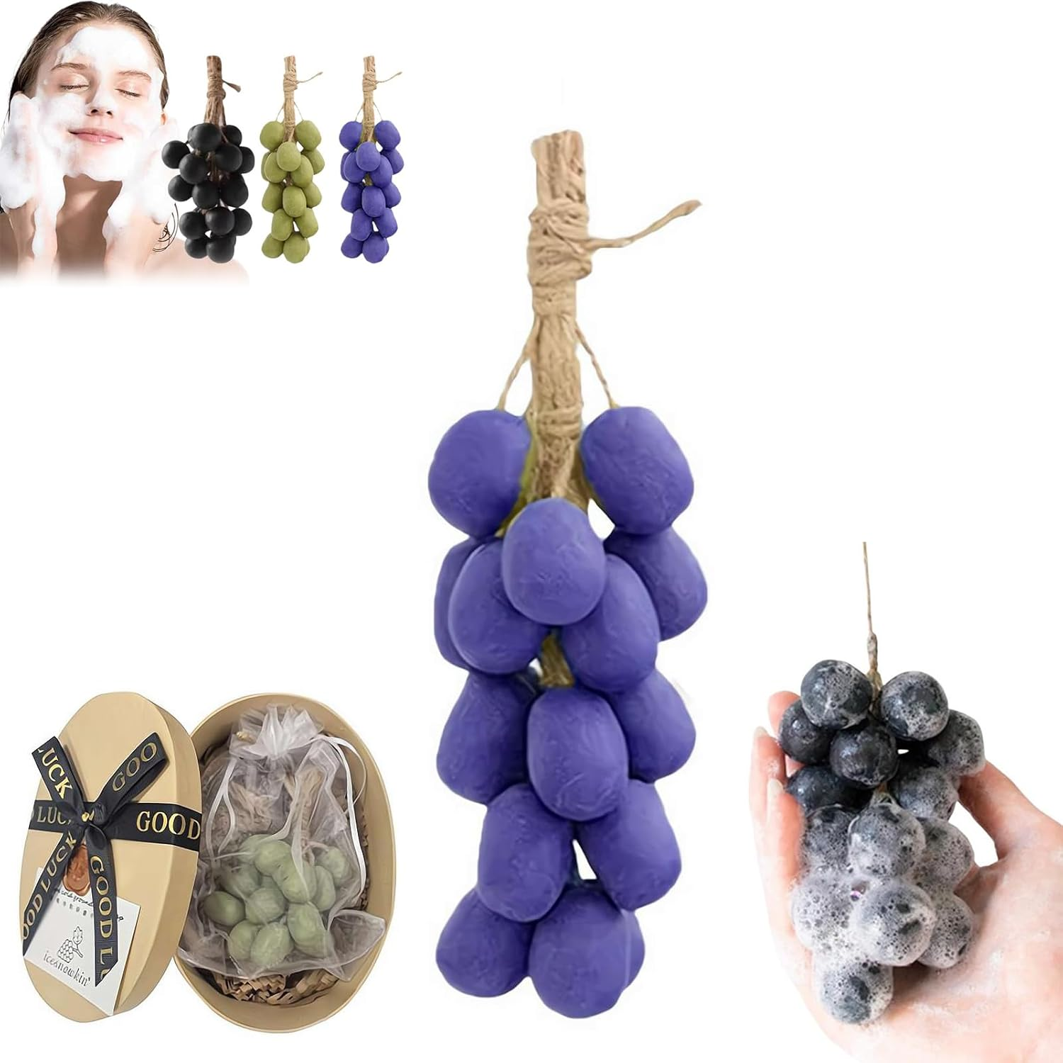 Grape Soap on a Rope,Handmade Cluster Grape Shaped Soap on Vine Bar, Face & Body Bath for Shower,Romantic & Unique Gifts for Christmas,Natural Grapes Scented Soaps for Spa Bath Home Decor (Green)