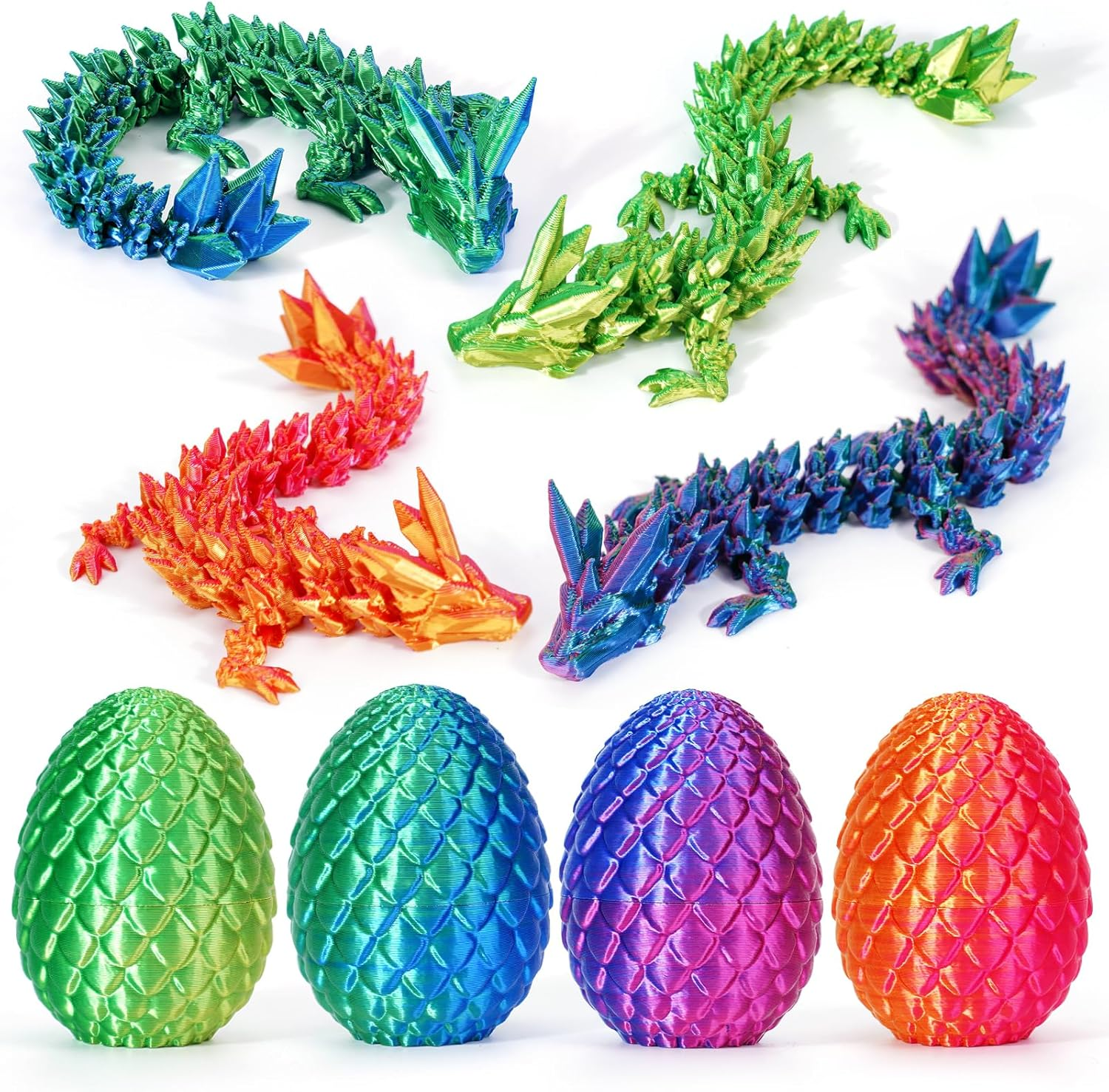 4PCS 3D Printed Dragon Eggs with Dragon Inside, Mini Mystery Dragon Egg Articulated Crystal Dragon Fidget Toy, Surprise 3D Printed Animals Toy Set (4-Piece Set-B)