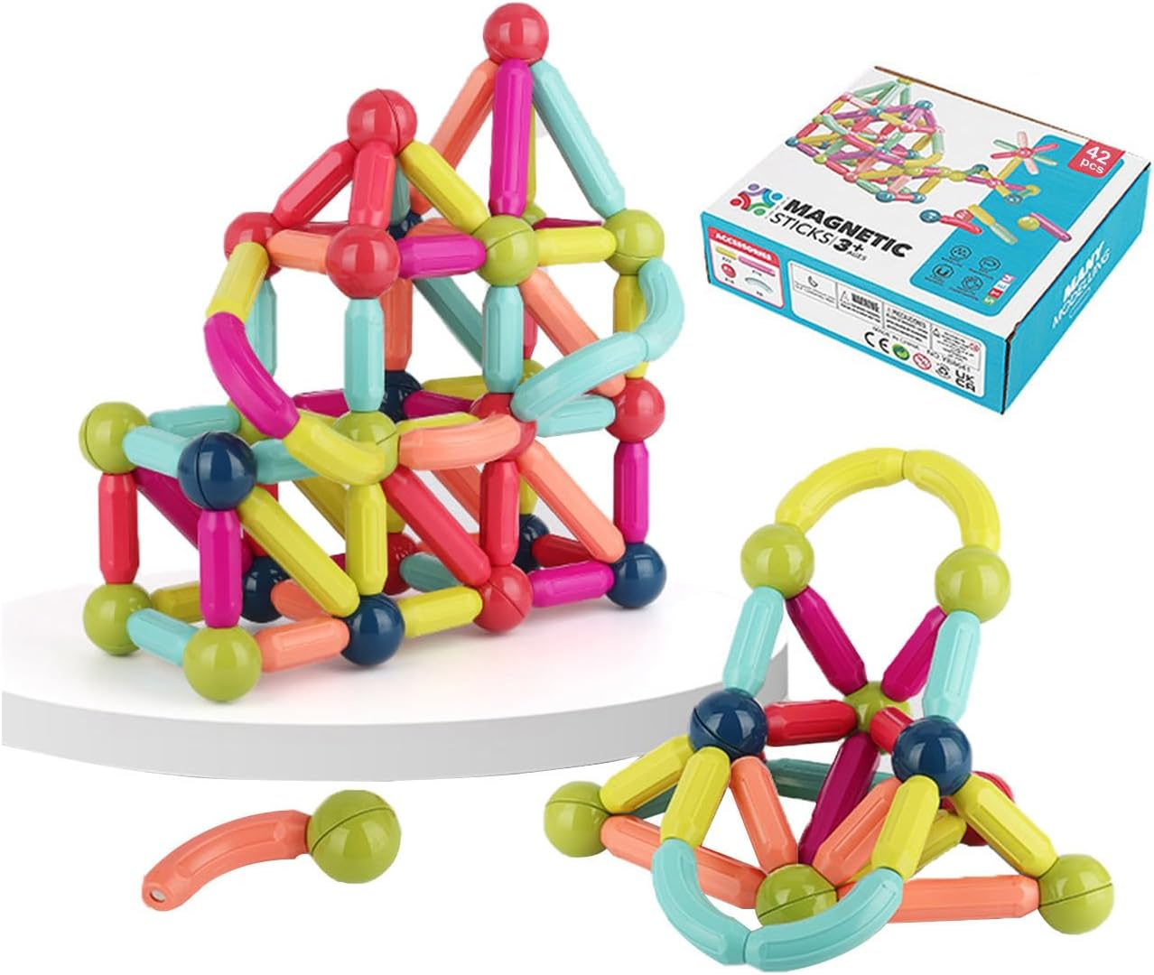 Toddler Magnetic Blocks Building Toys, Kids Montessori Toys for 3+ Year Old Girls Boys, Educational Magnetic Sticks and Balls Preschool Toys, Construction Sensory Toys Gifts (42Pcs Color Box)