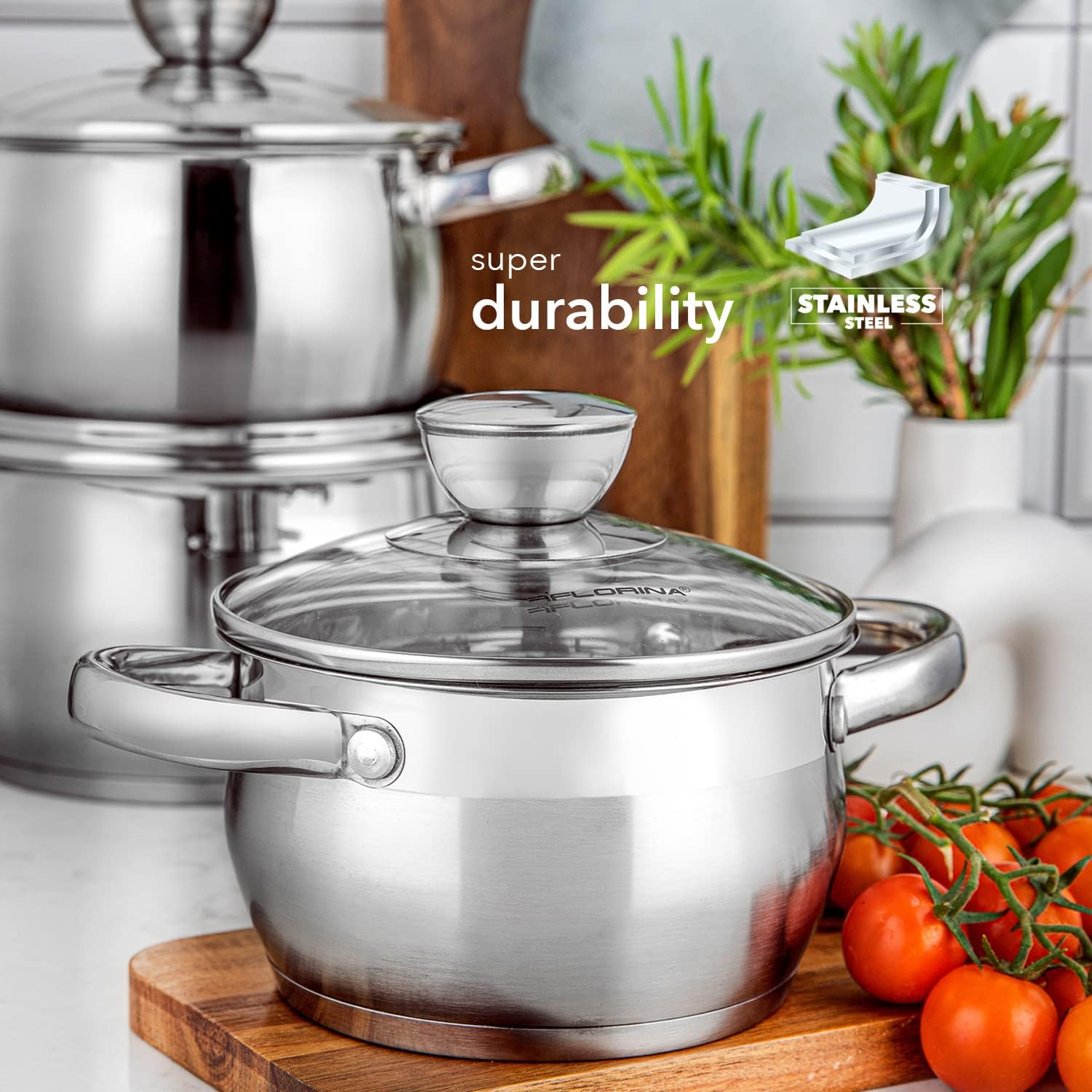 FLORINA Oliver 8-Piece Stainless Steel Pot Set, 1.3L, 1.8L, 2.5L, 3.4L, Induction, Gas, Electric Compatible, Dishwasher Safe, Nickel-Free, Glass Lid, Measurement Mark image number 3