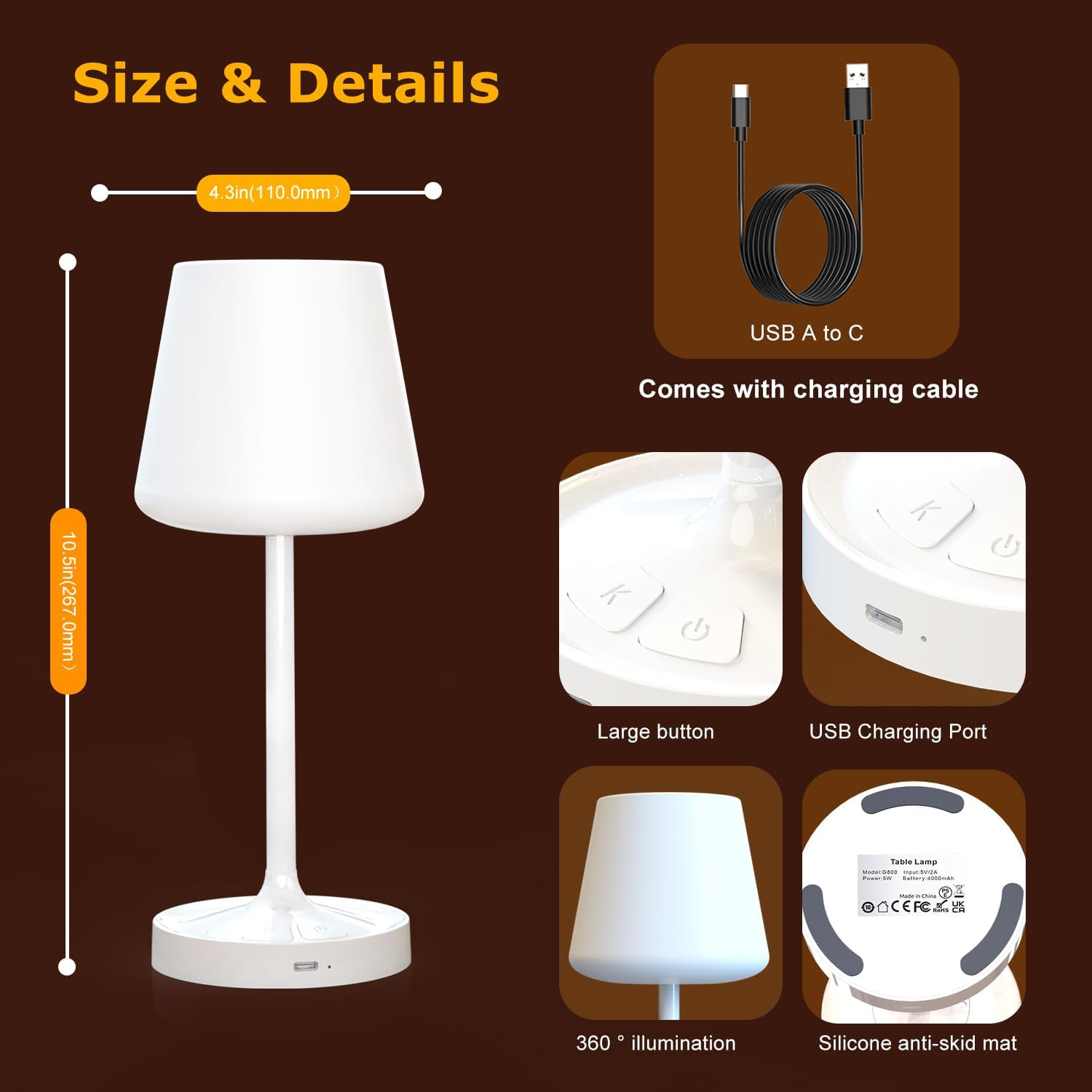 Waterproof Lampshade Portable Shower Lamp with 3 Colors&5 Brightness,Rechargeable Mechanical Button Dimmable Bedside Table Lamp,Cordless Table Lamp Suitable for Bedroom,Kitchen,Camping,Outdoor(White) image number 5