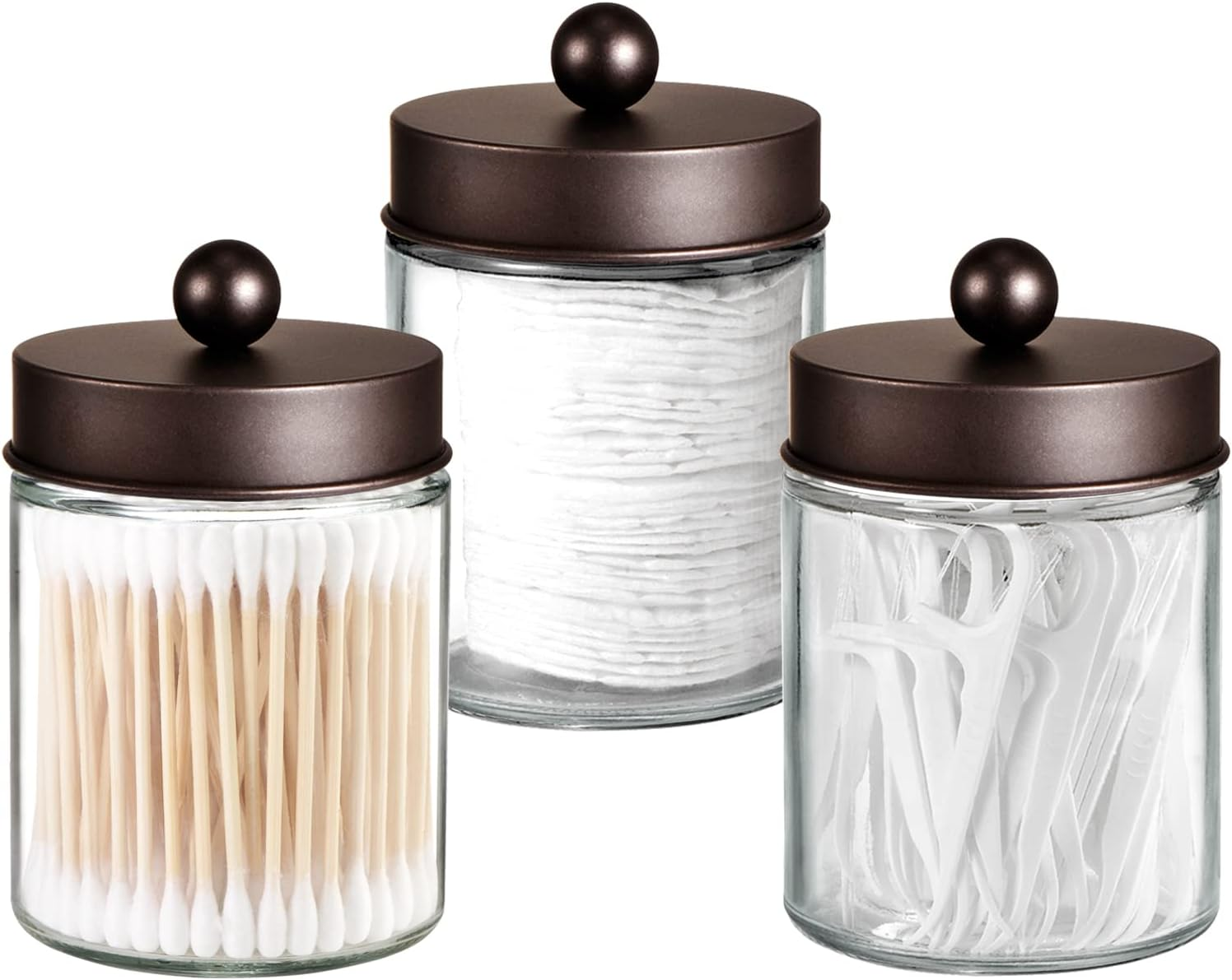 Komashr Apothecary Jar Canisters Bathroom Vanity Organizer - Qtip Holder Storage Organizer Countertop -Stainless Steel Lids &Cute Stickers for Qtips,Cotton Swabs,Makeup Sponges,Floss(3 Pack) (Gold)