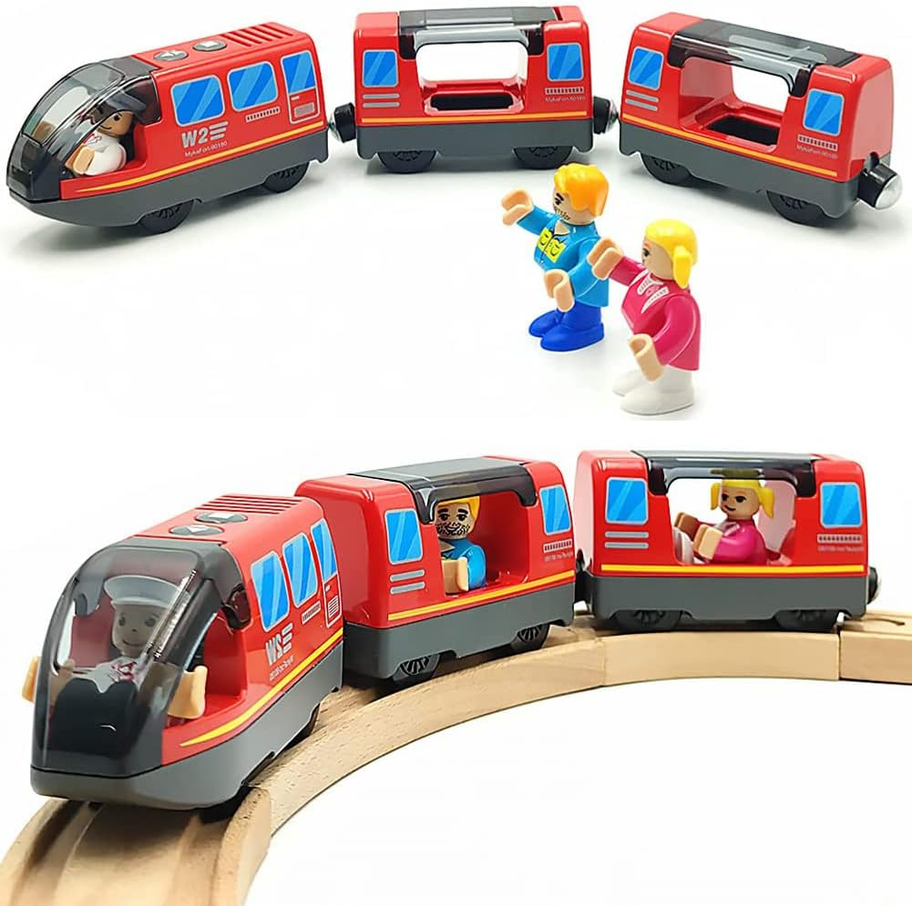 TOPLIVING Battery Operated Wooden Train Rail Set Toys for Toddlers Age 3 to 4 Years Boys Kids Magnetic Couplings City Vehicle with Figures
