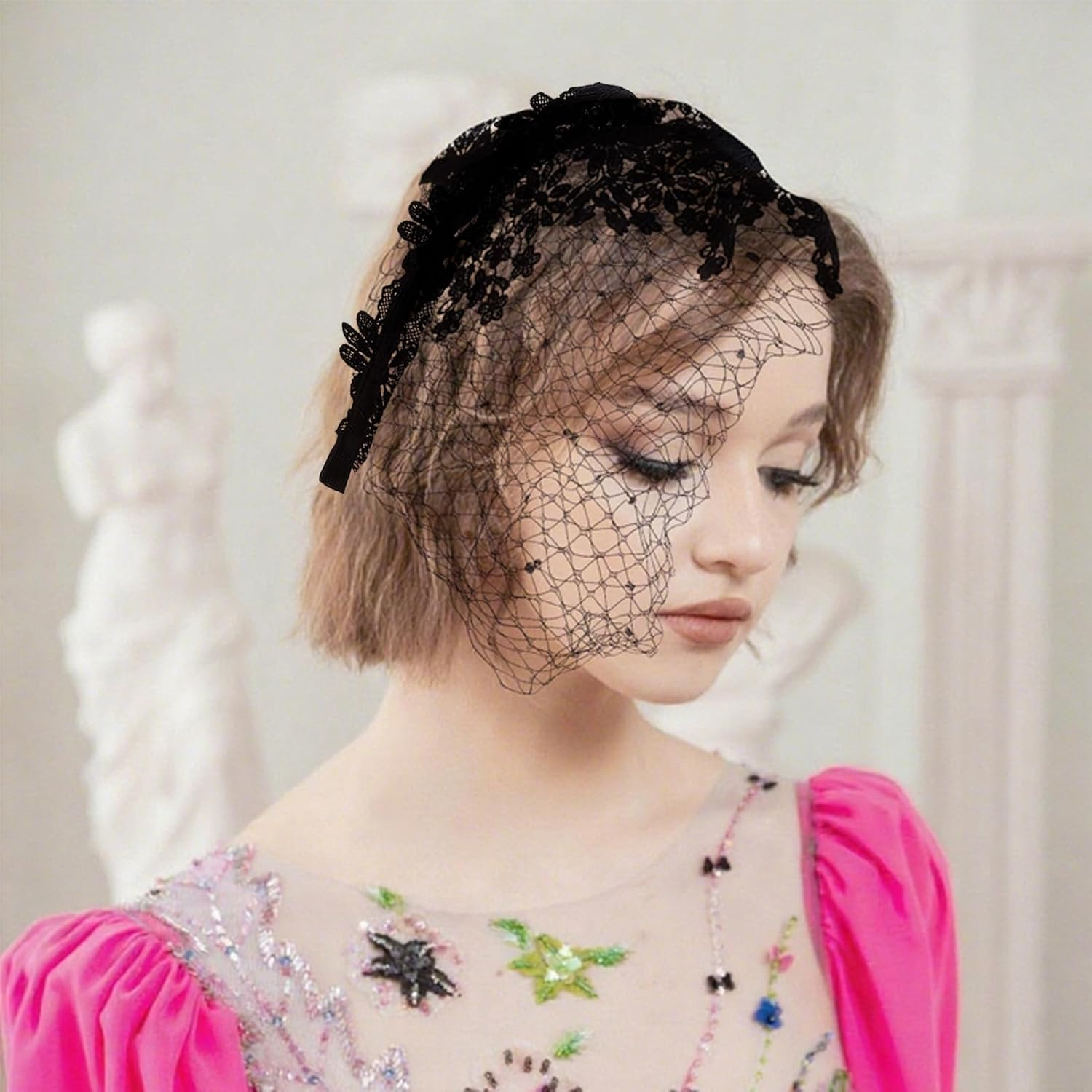 NICENEEDED Lace Headband with Mesh Veil for Women Elegant Headpiece for Weddings Black Vintage Hair Accessory with Rhinestones image number 2