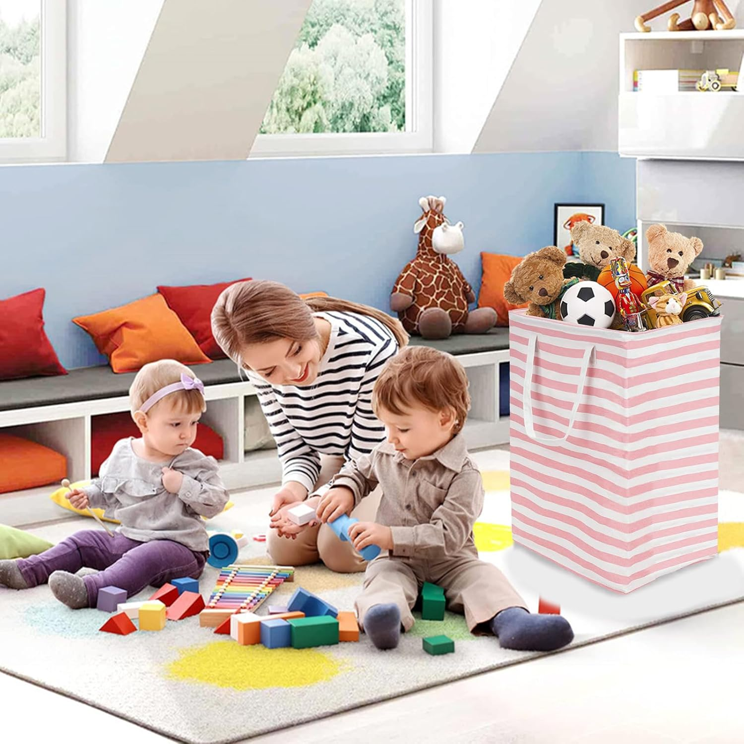 Glarks 1 Pack 75L Large Laundry Basket, Waterproof Laundry Hamper with Long Reinforced Handles, Collapsible Freestanding Clothes Hamper for Bedroom, Bathroom, Dorm(Pink Stripe) image number 6