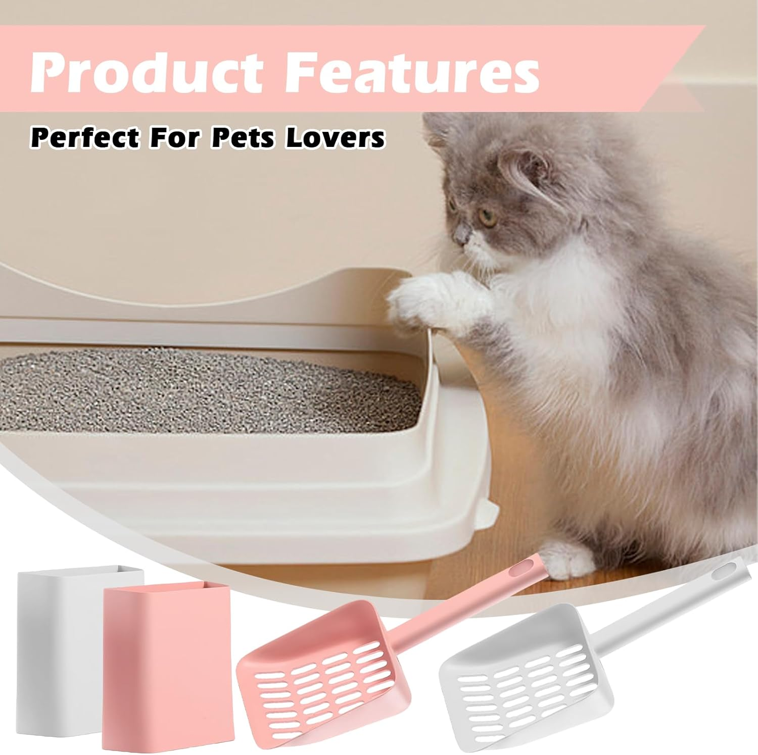 Nizirioo Cat Litter Scoop, Cat Litter Scoop, Cat Litter Scoop with Holder, Cleaning Tool, Cat Scoop, Plastic Cat Litter Spoon for Pets, Cats, Dogs (Pink White) image number 5