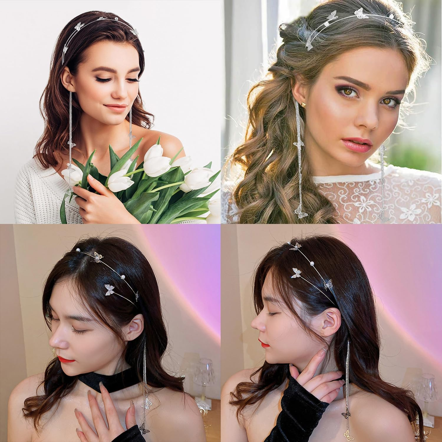 Wedding Butterfly Headband, Chain Silver Tassel Hair Hoop, Crystal Tassel Headband, Vintage Decorative Hair Hoop, Butterfly Crystal Headpiece, for Bride Girls Women image number 1