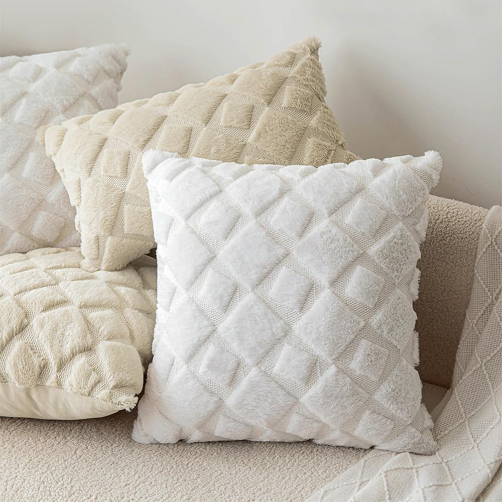2Pcs Soft Faux Fur Throw Pillow Covers 18X18 - Plush Short Wool Velvet Decorative Pillow Covers - Couch Sofa Pillow Covers for Living Room - with 3D Plaid Pattern (White) - Grey image number 4