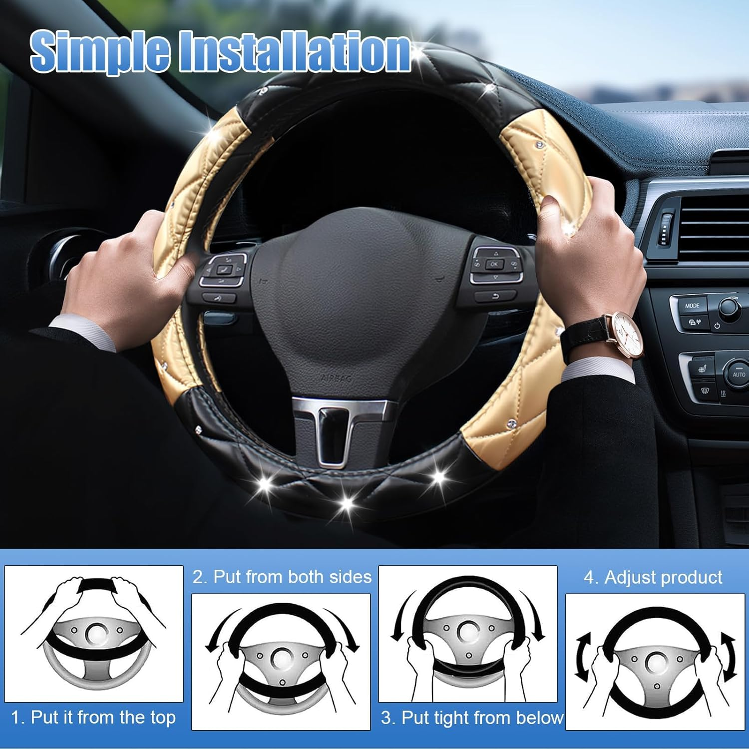 Superkaka Black and Gold Steering Wheel Cover, Auto Cute Diamond Bling Soft Comfort Leather Car Interior Accessories Protector Sparkly Fit Most O-Shaped Steering Wheels image number 2