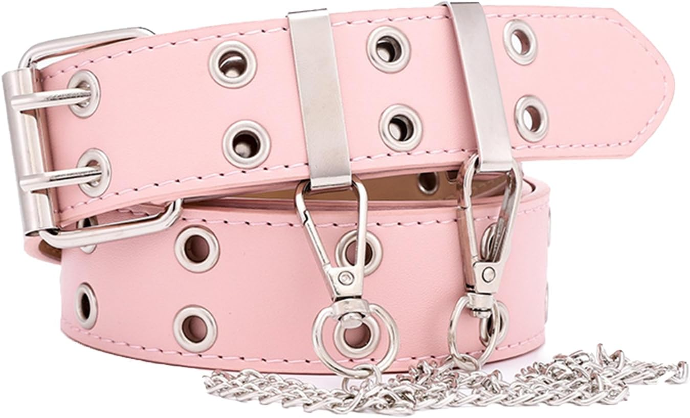 Grommet Leather Belts Y2K Punk Waist Belts PU All-Match Belt Rock Niche Design Belt with Detachable Chain Double Prong Buckle Vintage Jeans Belts for Women or Men