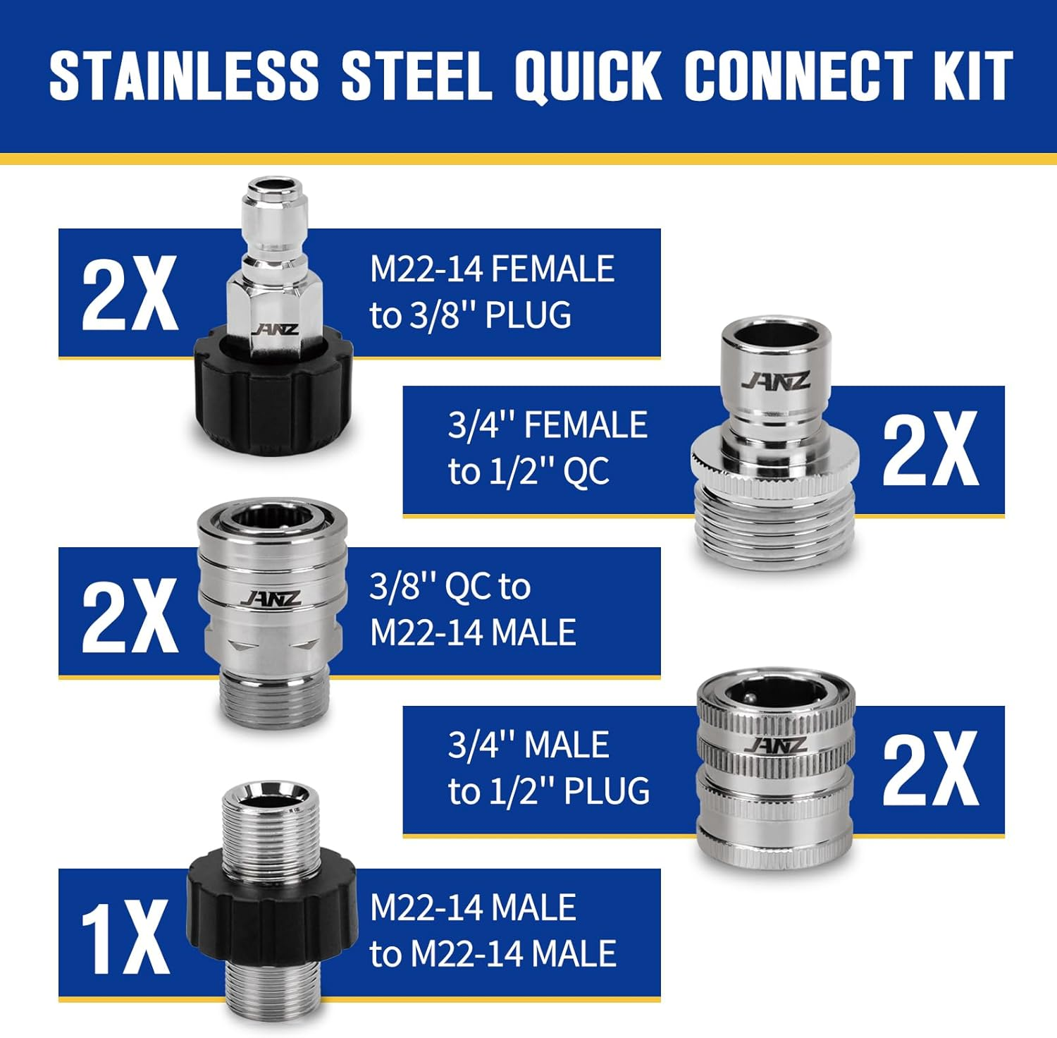 Janz Pressure Washer Adapter Set, M22 to 3/8 Inch Quick Disconnect Kit, 3/4 Inch to Quick Disconnect, Male M22 Hose Adapter, Stainless Steel, 9-Pack image number 1