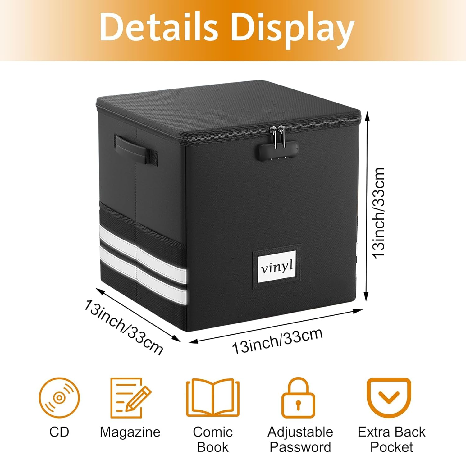 Kitchess Vinyl Record Storage Box with Lock, Fireproof & Waterproof Vinyl Storage Organizer for 100+ 12Inch Albums, Collapsible Vinyl Record Holder with Lid & Handles, 33 X 33 X 33Cm image number 3