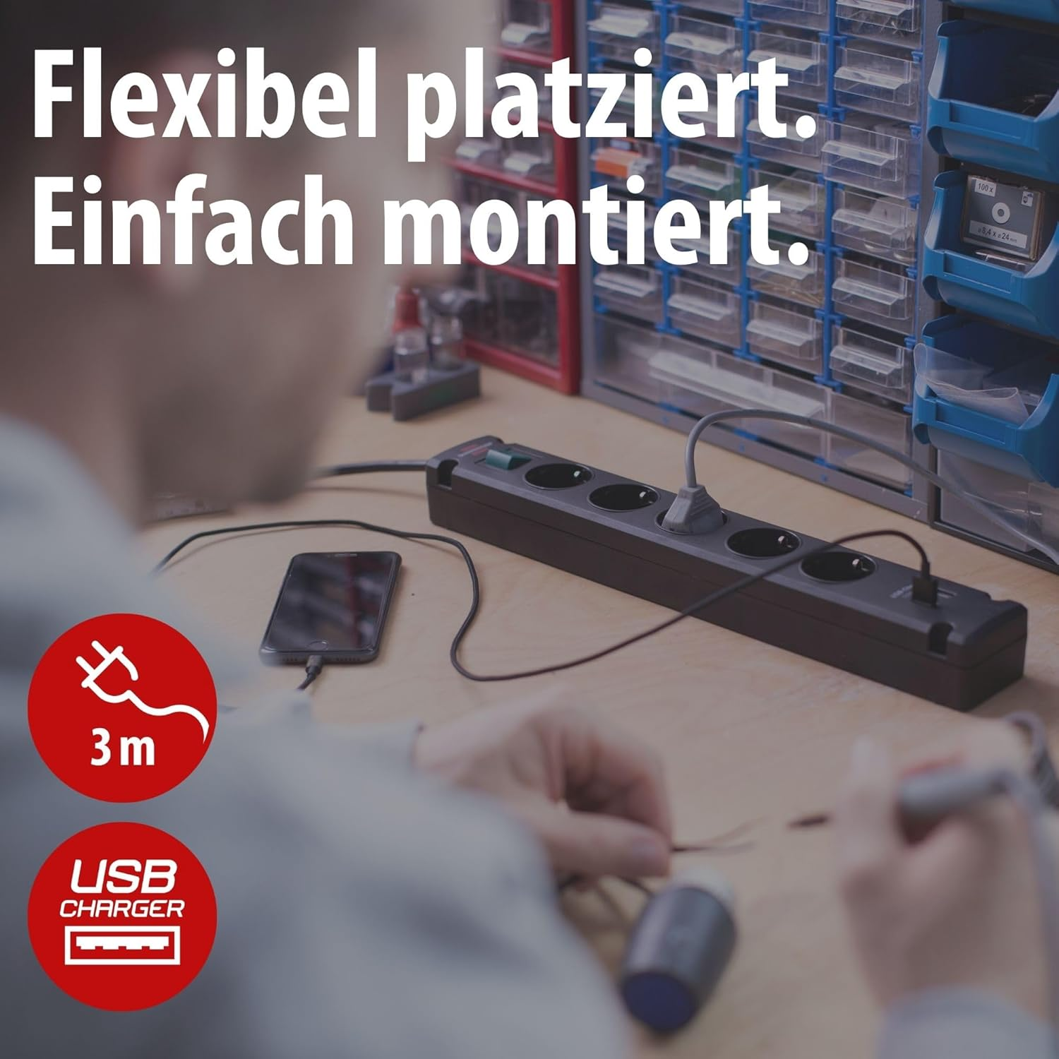 Brennenstuhl Bremounta 5-Way Power Strip with USB Charging Function (Multiple Socket with 90 Degree Sockets, Power Strip with Switch, Mounting Option and 3 M Cable) Black image number 2