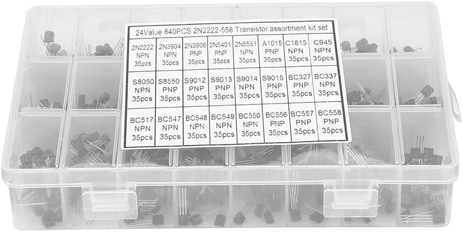 Three Pin Transistor, 840Pcs NPN PNP TO-92 2N2222A-BC558 Transistor Assortment DIY Kit Electronic Component Assortment Kit Assorted Transistor image number 4
