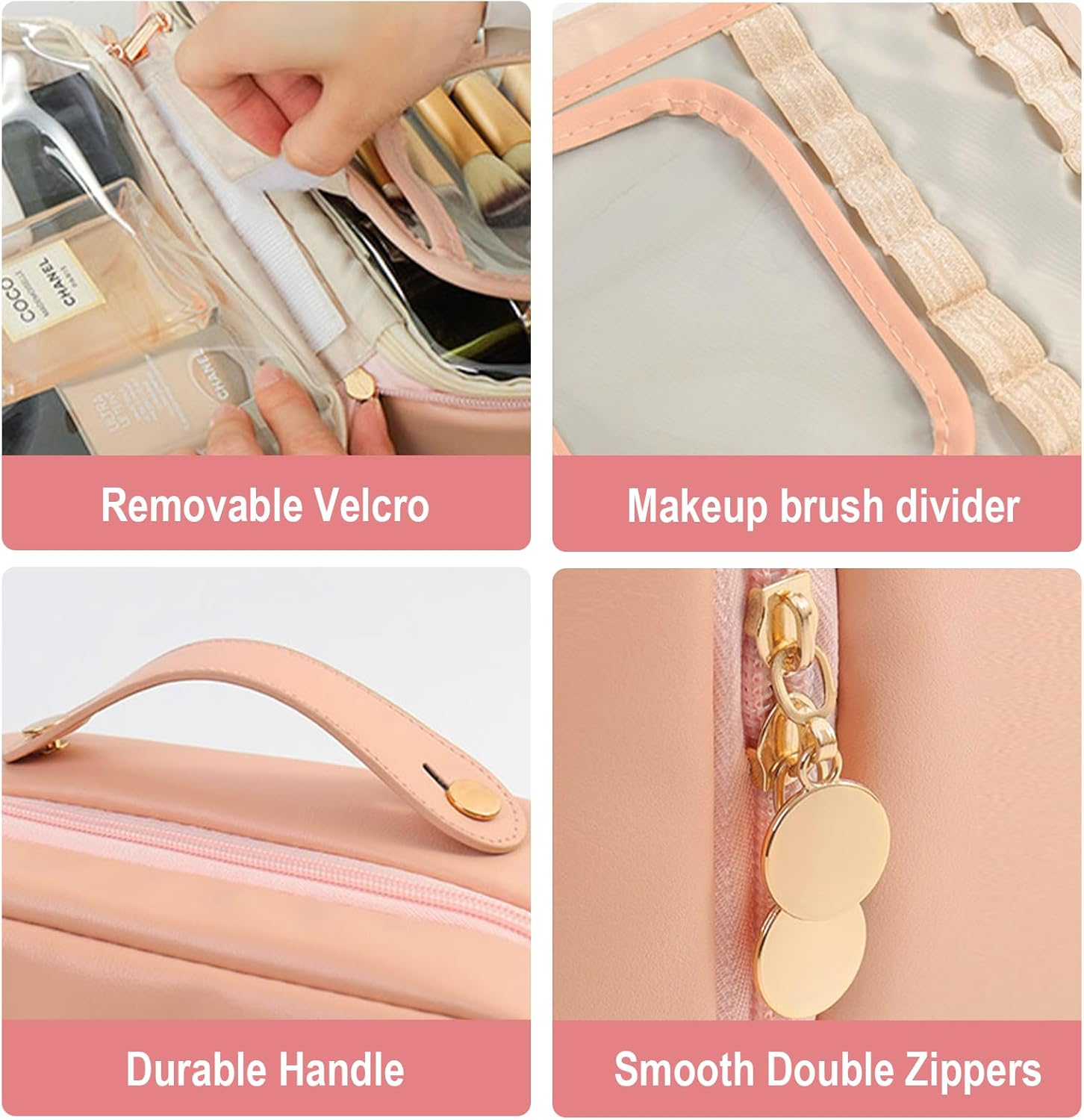 Travel Makeup Bag, Large Capacity Cosmetic Bag, PU Leather Waterproof Cosmetic Bag, Women Portable Travel Makeup Bag with Handle and Free-Standing Brush Holder, Pink, Elegant