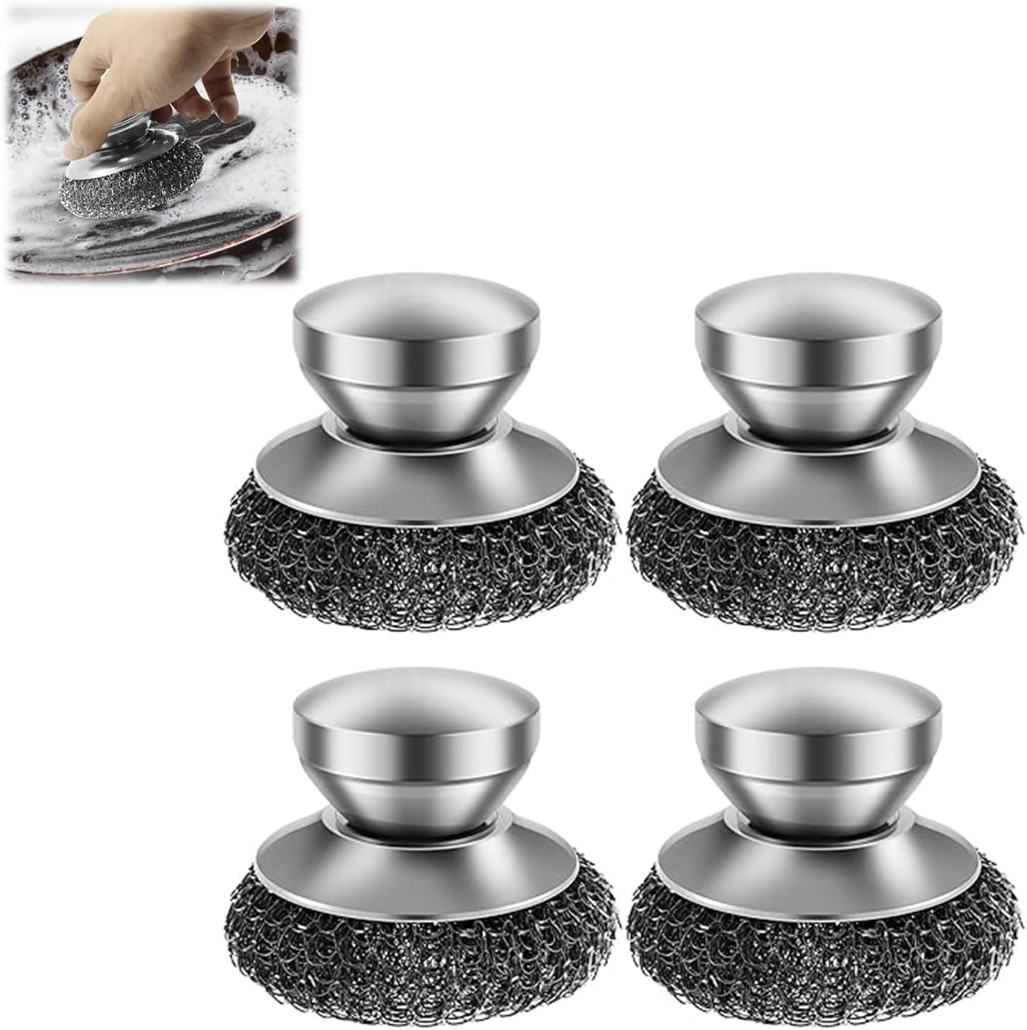 WADY 4 Pcs Stainless Steel Scrubber Stainless Steel Scourer with Handle round Pan Scourer Non Scratch Sponge Premium Dish Scrubber Metal Sponge Scrubber for Cleaning Pots Pans Grills Sink image number 5