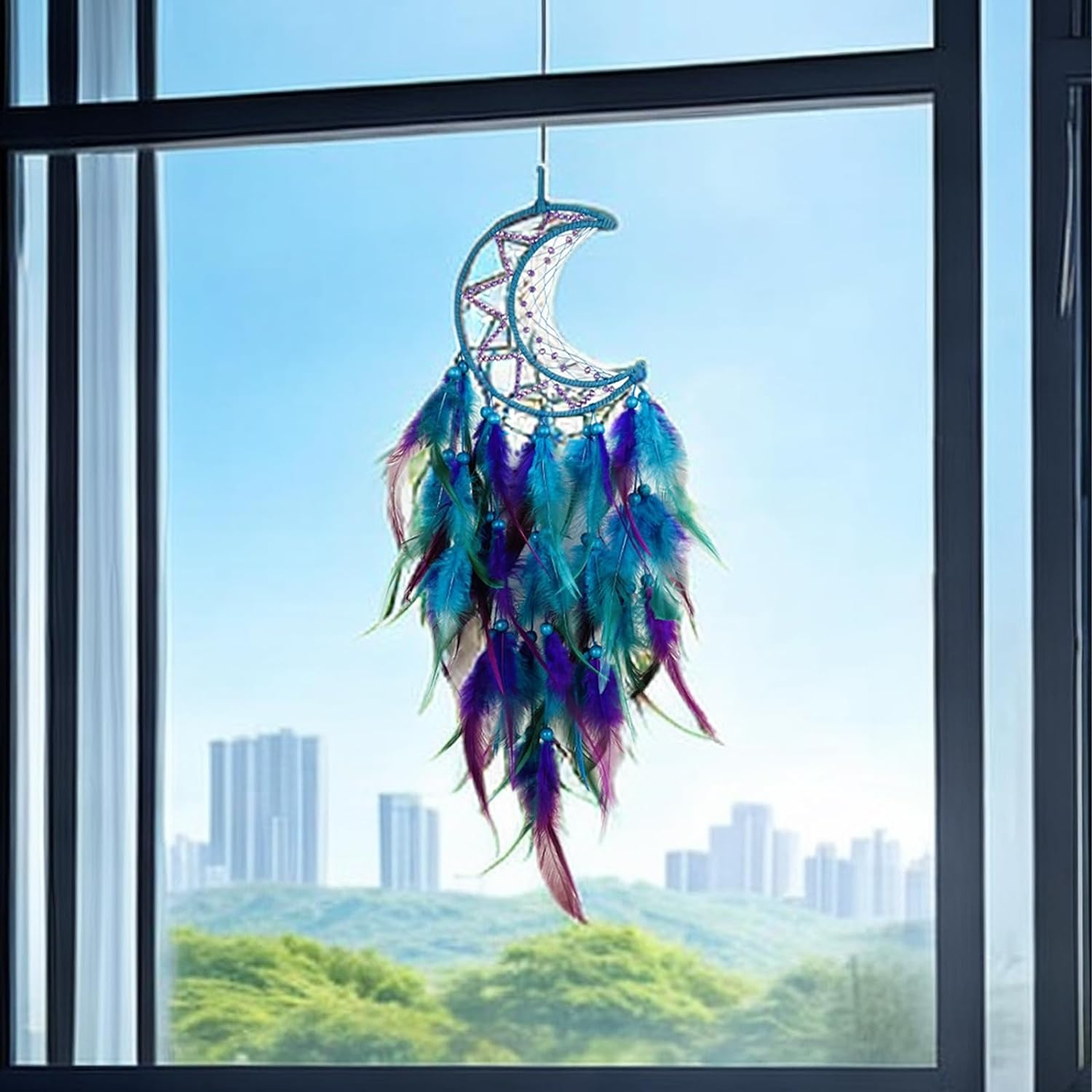 Moon Dream Catcher Handmade Feather Wood Beads Wall Hanging Decor - Blue Purple Bohemian Ornament for Kids Bedroom Home Decoration - Art Craft Gift image number 3