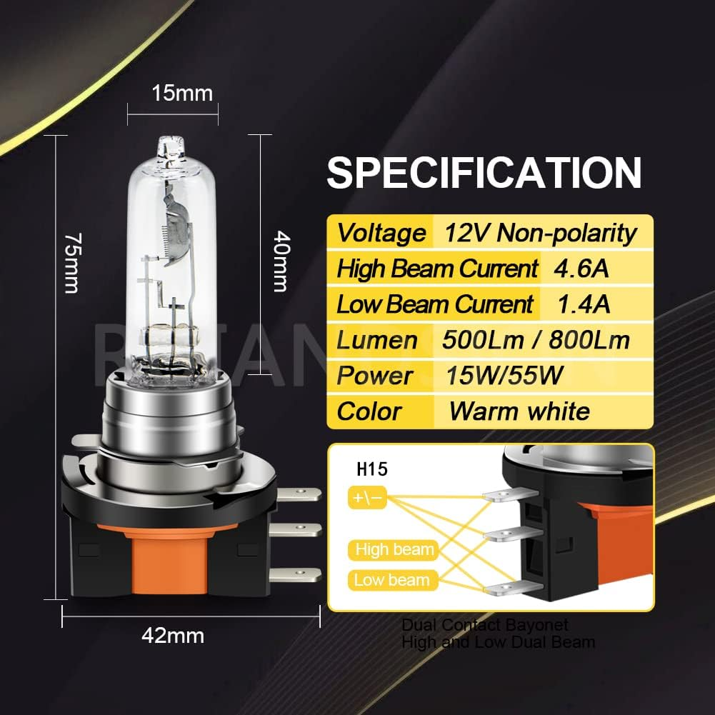 Ruiandsion 2Pcs H15 Halogen Light Fog Light Bulb 15W/55W 12V Super Bright Warm White High Low Beam Light image number 3