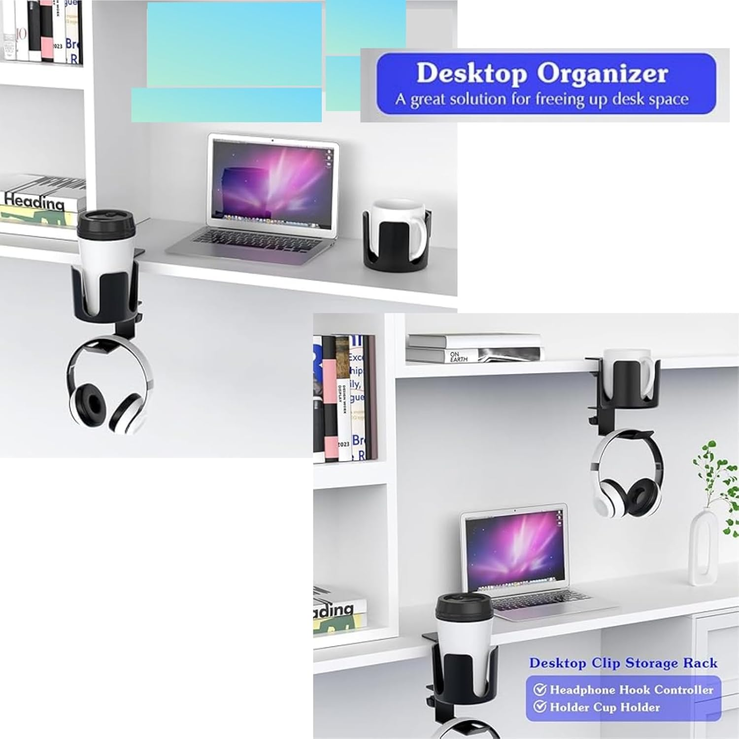 2 in 1 Desk Cup Holder with Headphone Hanger Holder,Adjustable Anti-Spill Tumbler Holder,For Desk or Table Clip on Tumbler Holder Nonslip Tableside Cup Holder,For Coffee Water Cups Headphone image number 5