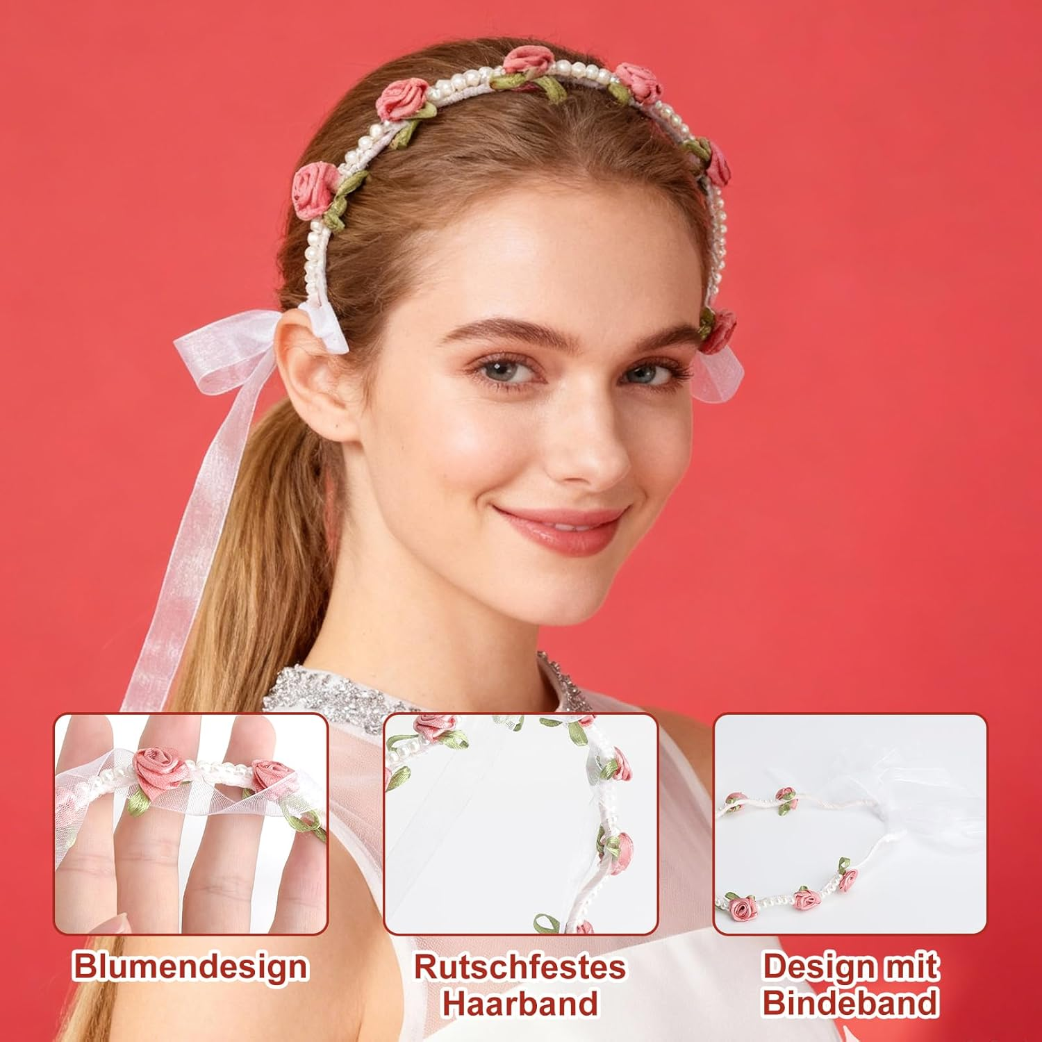 VOSSOT Set of 2 Flower Wreath Hair Band Set with Pearls Flower Headband Pink & Cream Flower Hair Wreath for Wedding, Oktoberfest, Dirndl, Party, Photo Shooting image number 4