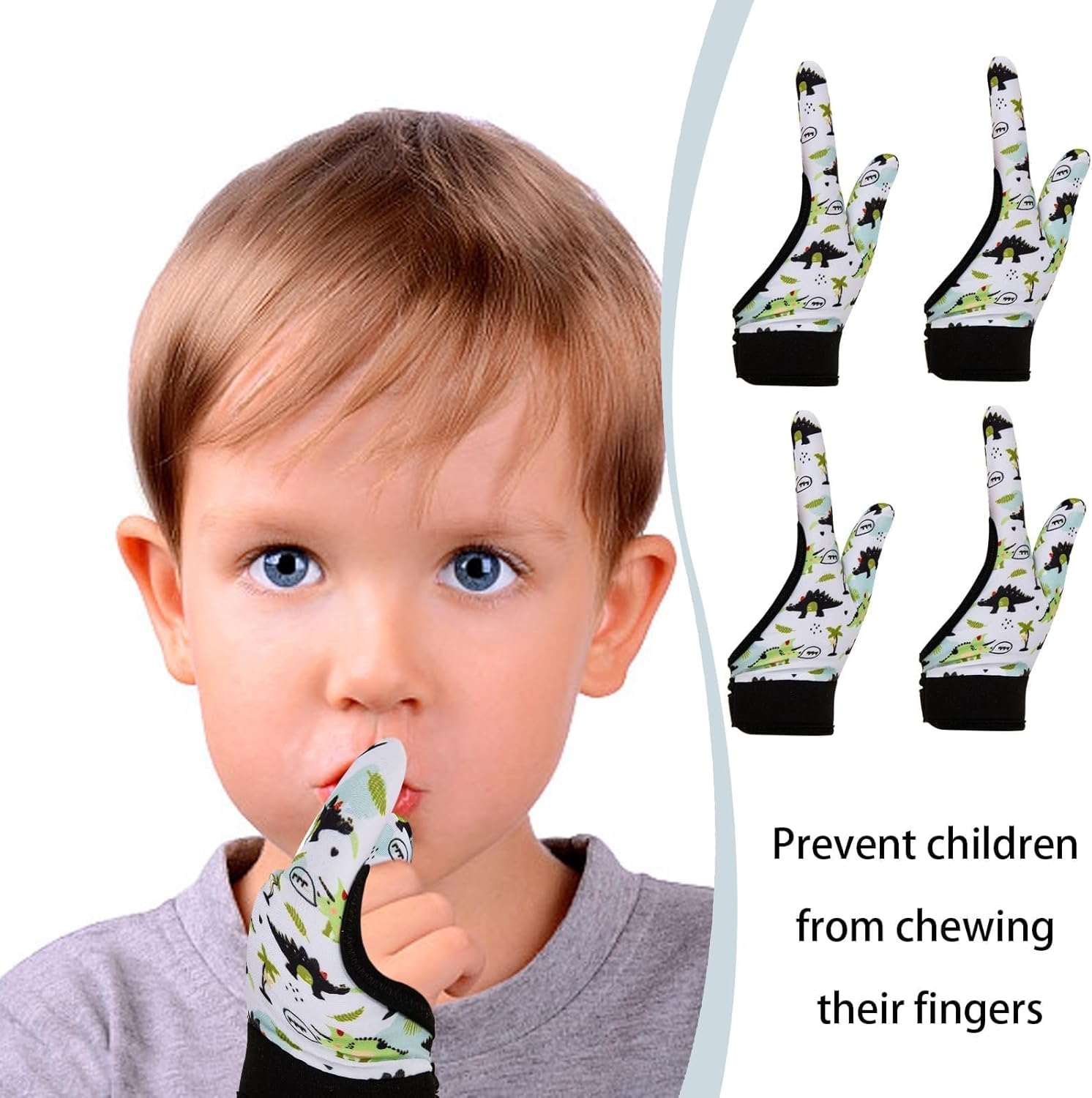 Kuskins 4 Pcs Thumb Sucking Guard Gloves for Kids Ages 5-13, Breathable Sensory Gloves to Stop Thumb Sucking & Nail Biting, Soft Cotton anti Suck Guard with Chewy Compression (Dinosaur 01) image number 4