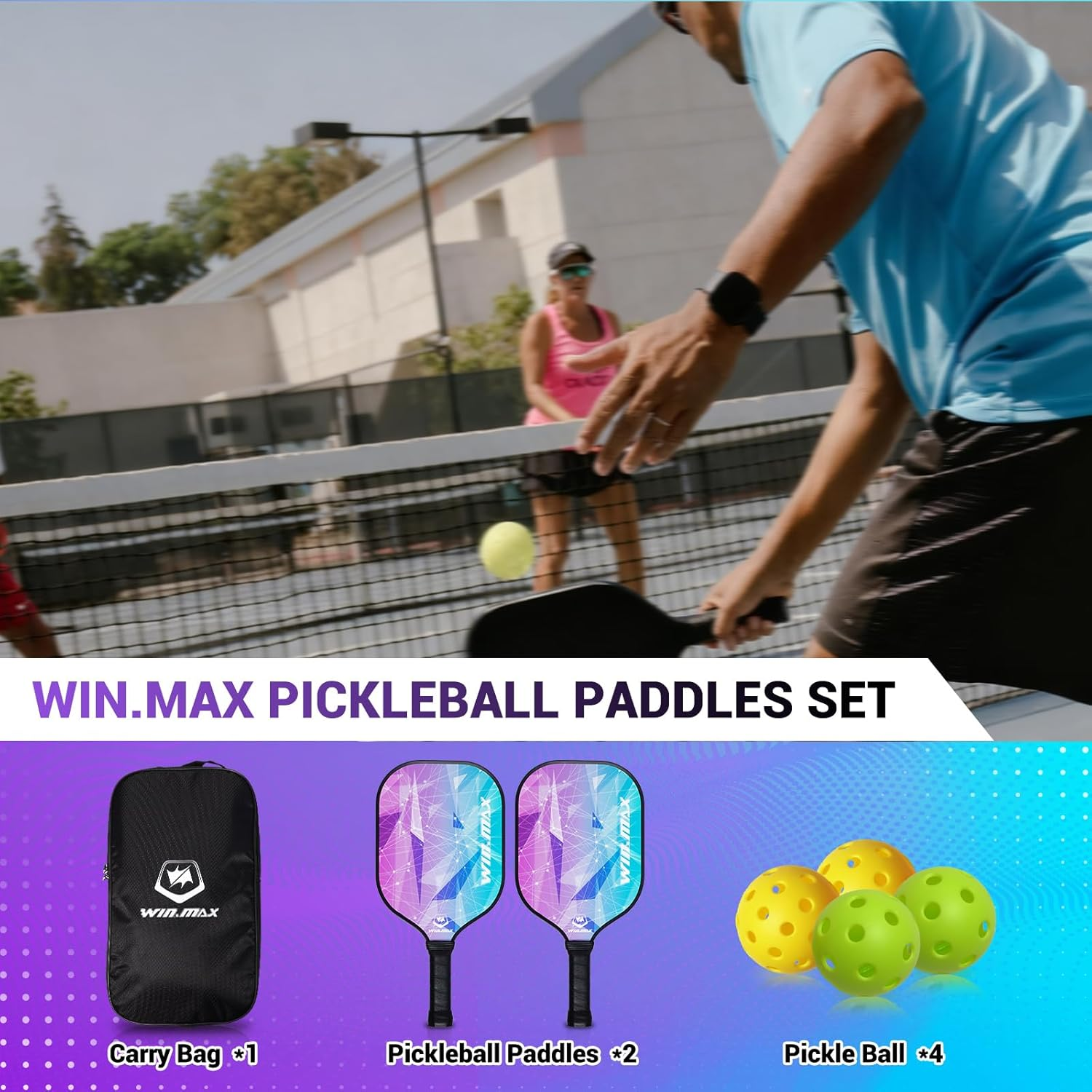 Pickleball Paddles, Fiberglass Surface Pickleball Set with Pickleball Rackets, Pickleball Paddles Set ​For Men Women, 4 Pickleballs and Carry Bag (Purple) image number 2