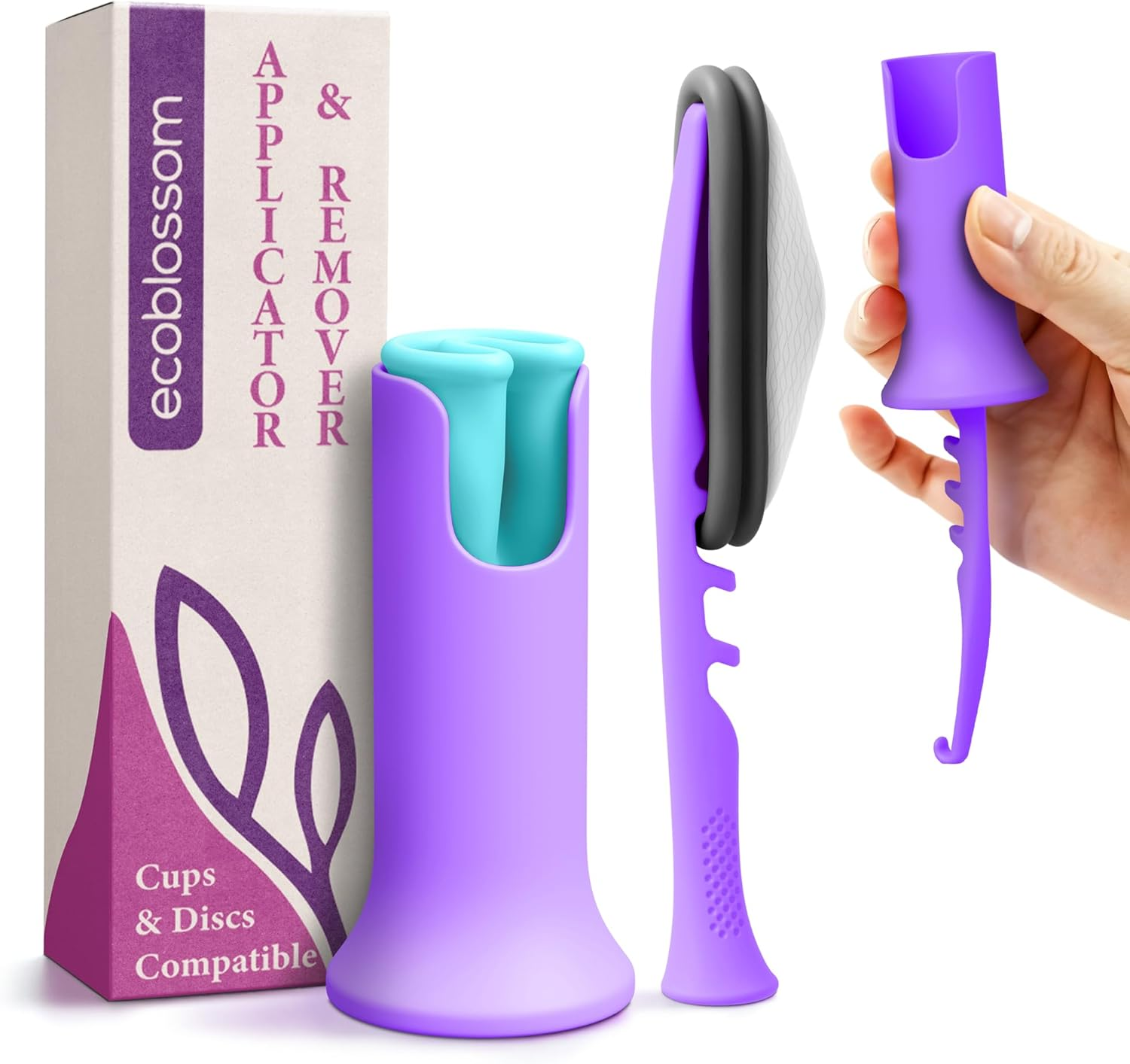 Ecoblossom Menstrual Cup & Disc Applicator Tool - Comfortable & Easy Insertion & Removal - Compatible with Most Period Cups and Discs (Purple)