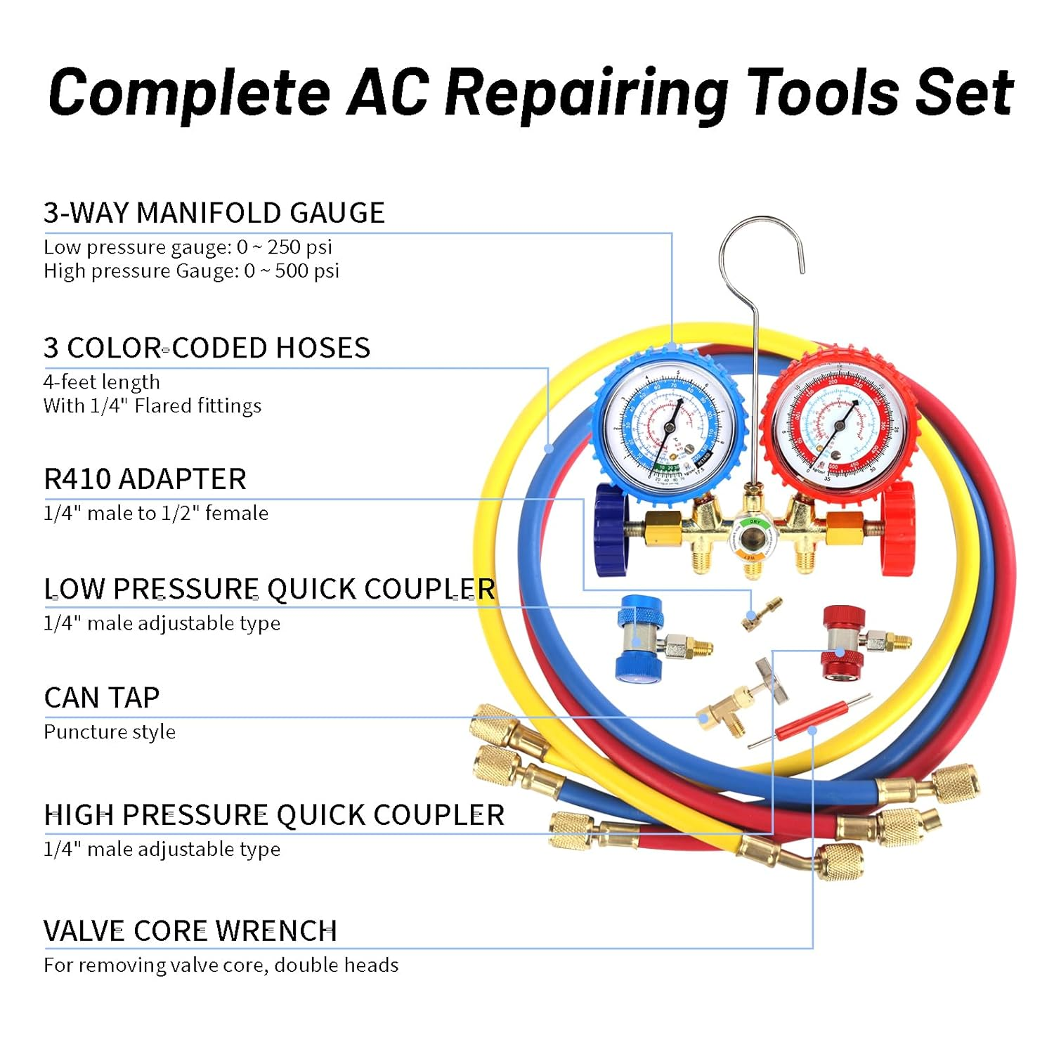 PB Motor Tech 3 Way AC Manifold Gauge Set for R134A, R12, R22 & R502 Refrigerants with Quick Couplers, 410 Adapter, Puncturing Can Tap & Valve Core Tool, HVAC Diagnostic Kit for Automotive & Household image number 1