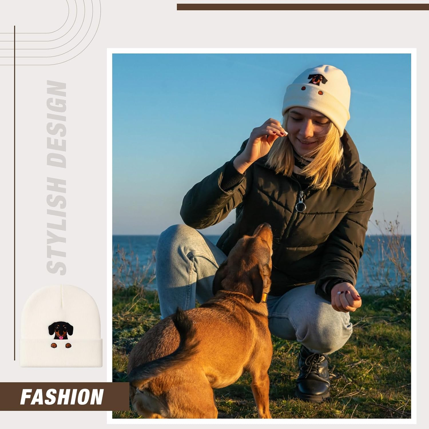 Chicingyou Christmas Dachshund Beanie Hat Gift Men Women Weiner Dog Lover Winter Knit Hat Embroidered Xmas Stocking Stuffer image number 3