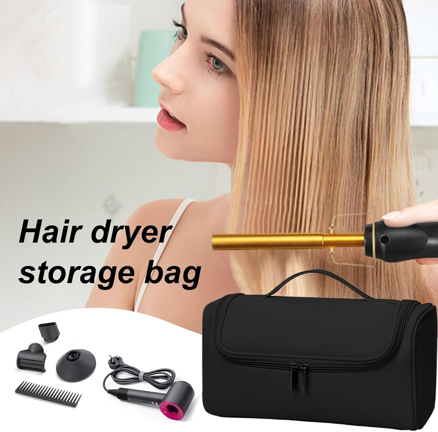 Hair Dryer Case, Hair Dryer Bag, Curling Iron Storage Case, Portable Waterproof Travel Case for Hair Dryer, Curling Iron, and Accessories, 12.4X5.51X6.5 Inches Compact PU Carrying Case image number 3