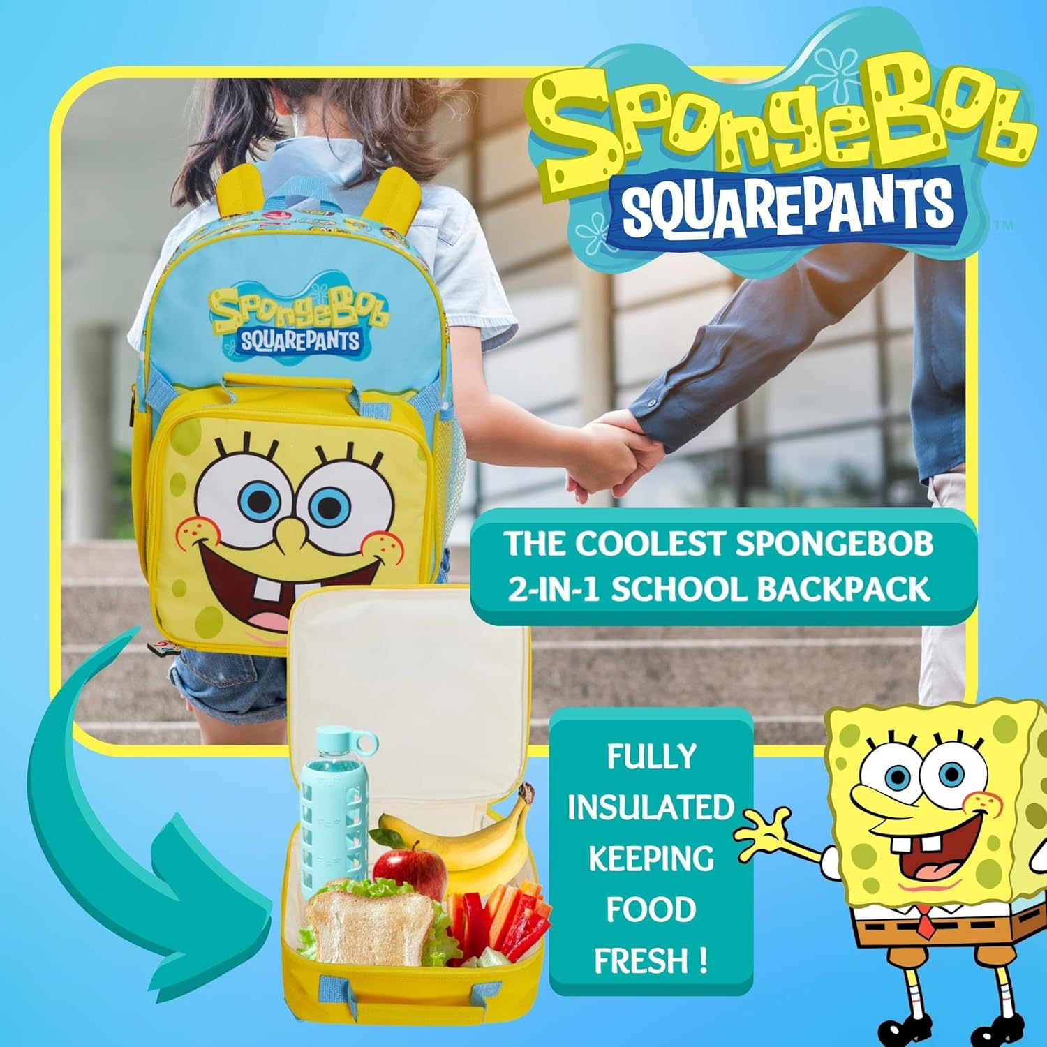 SPONGEBOB SQUAREPANTS Backpack with Cool Lunch Bag Boys Girls School 2 Piece Set Detachable, Blue, One Size, Backpack