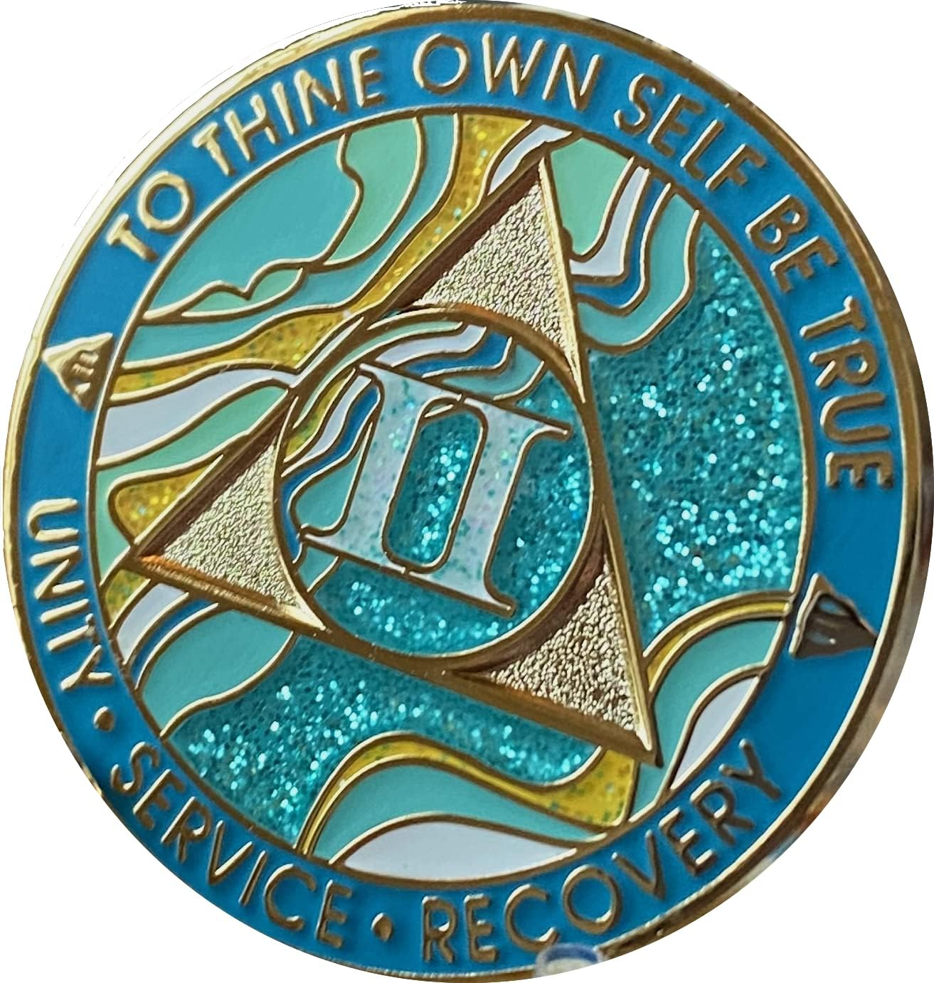 2 Year AA Medallion Elegant Marble Caribbean Aqua Glitter Blue Gold Plated Chip image number 2