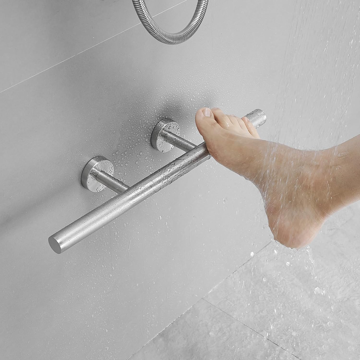 BWE Shower Foot Rest Brushed Nickel Wall Mount Shower Footrest for Shaving Legs Brass Bar Shower Step Foot Ledge Anti-Slip Shower Foot Ledge