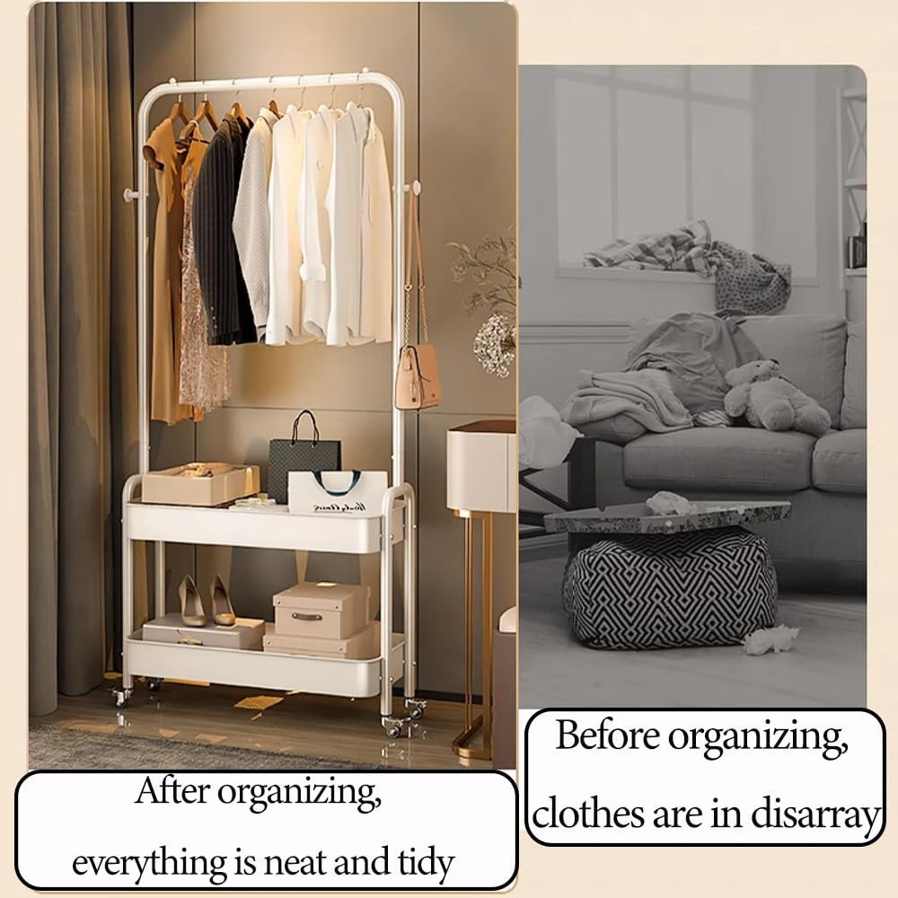Clothes Rack Metal Clothes Rail Coat Rack for Bedroom Heavy Duty Clothing Rack Garment Rack 2-Tier Storage Shelves with Small Wheels Organiser Clothes 68Cm Width - Space-Saving Organizer (White)