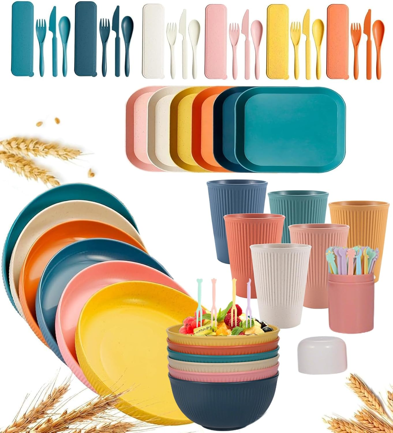 50 Pcs Wheat Straw Dinnerware Sets, Unbreakable Dishes Microwave Safe Dinnerware,Lightweight Reusable Bowls with Plates,Cups,Knives,Forks and Spoons Utensil Set for Camping (A Set of 6) image number 4