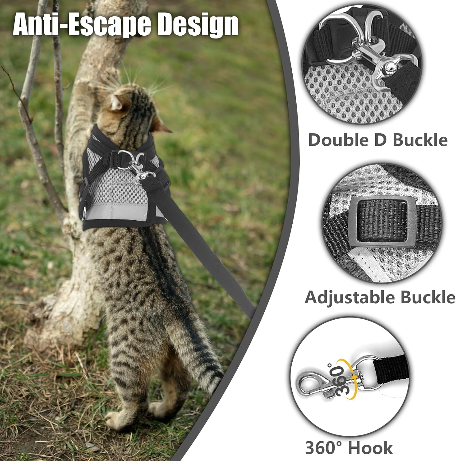 TAIXING Adjustable Reflective Cat Harness with Lead, Escape Proof, Grey, Fashion, Cat Harness, 360-Degree Reflective Band, Bell on Collar, Lost Card Hanging Loop, Small image number 4