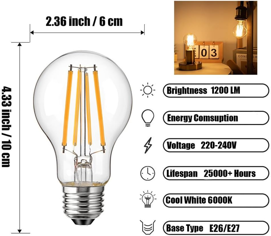 E27 LED Bulbs Vintage Filament Light Bulbs A60 No Flicker Screw Edison LED Bulbs 12W (100W Equivalent) 1200LM Cool White 6000K Non-Dimmable 2 Pack (6000K-Cool White, 12W) image number 5