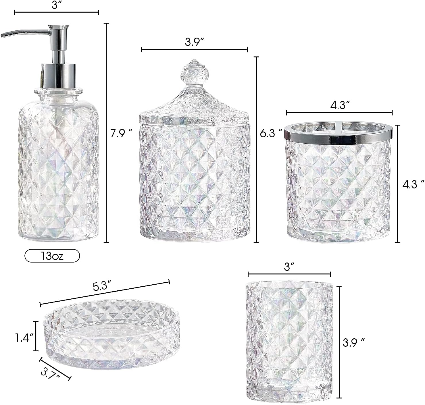 Set of 5 Glass Bathroom Accessories Set Include Soap Dispenser & Tumbler & Soap Dish & Toothbrush Holder & Apothecary Jar(Luxurious Crystal Sparkling Colored) image number 5