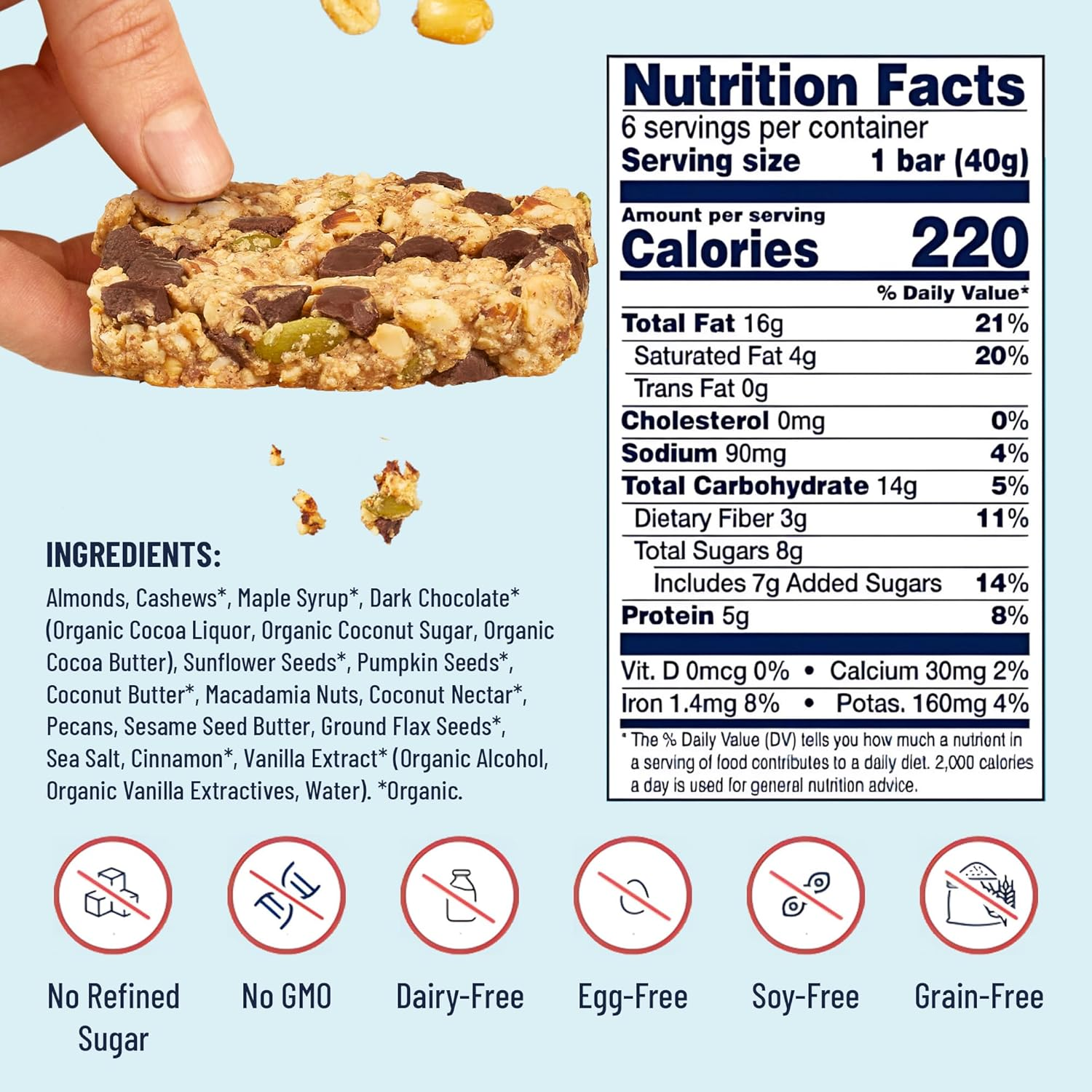 The YES Bar Vegan Gluten Free Real Food Low Sugar Paleo Snack Bar Dark Chocolate Chip - 6 Bars image number 2