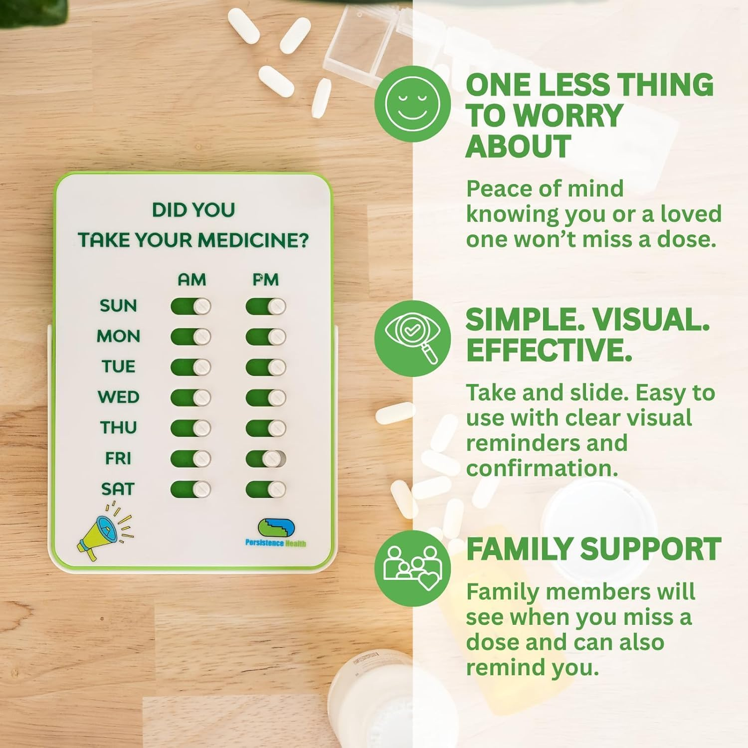 Medication Reminder | Pill & Tracker Visual Alarm 7 Day AM PM Take and Slide No More Second-Guessing or Double-Dosing Perfect for the Elderly White, Green image number 2