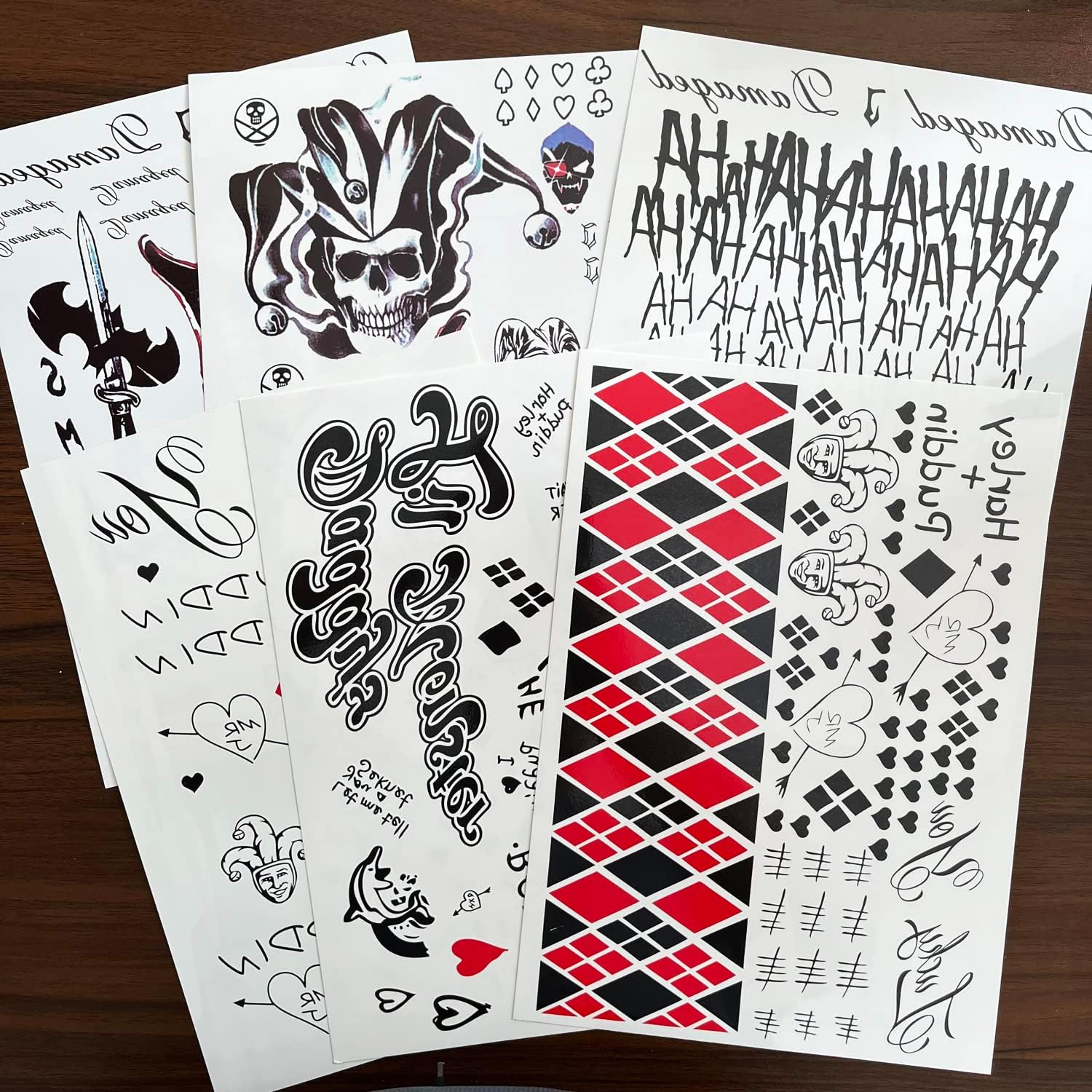 6 Sheets PADOUN HQ & Joker Temporary Tattoo Stickers, Fake Joker Temporary Tattoo Stickers and Suicide Squad Harley Quinn Tattoos Full Body Bundle for Costume Cosplay Party Accessory