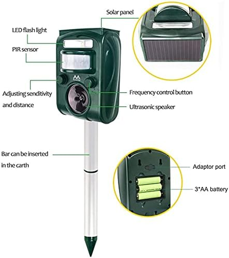 AMERFIST Solar Animal Repeller, 2021 Ultrasonic Mole Repellent, Rat, Squirrel, Deer, Raccoon, Skunk, Rabbit, Mole, Dog, Cat, Waterproof with Motion Detector, USB Rechargeable, Flashing Light (Green) image number 1