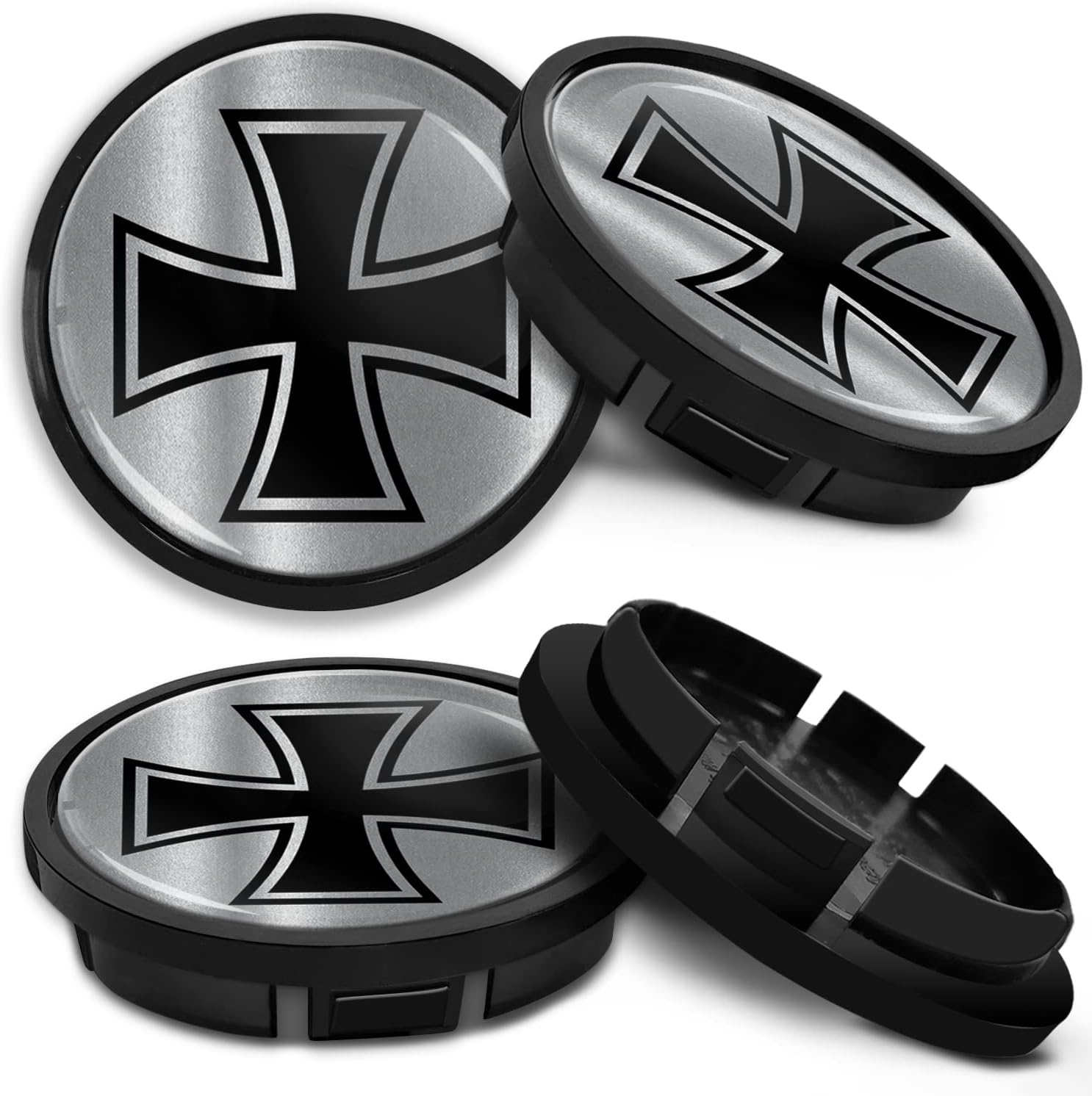 Skinoeu Compatible with Hub Caps VW 66 Mm 5G0601171XQI Wheel Hub Cover for Alloy Wheels Wheel Centre Cap Hub Caps Black Iron Cross Silver CR 24 image number 5