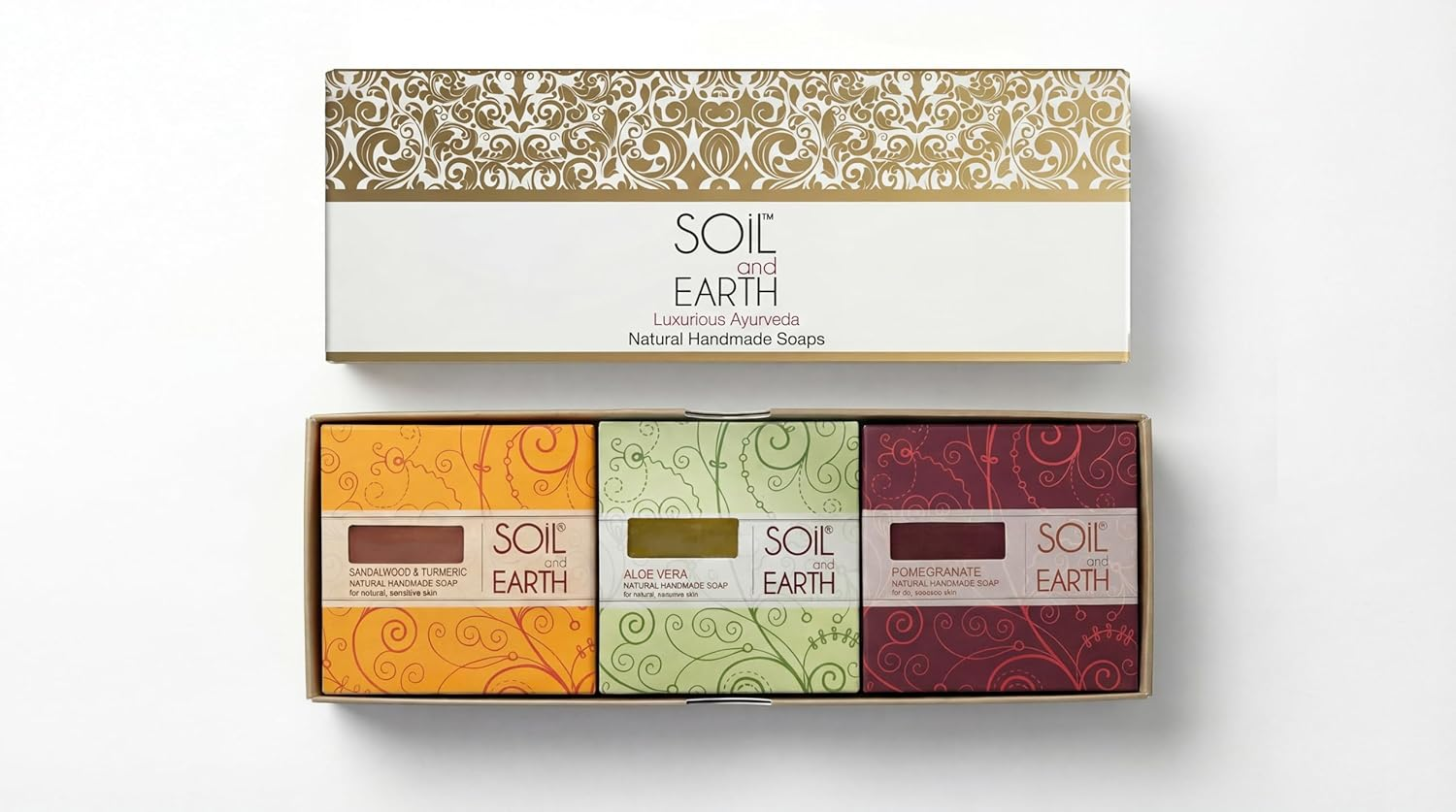 Handmade Natural Cold-Pressed Soap Gift Box- SANDALWOOD, ALOEVERA, POMEGRANATE- NO SILICONES & PARABENS, 3 X 125 Gm/ 4.4 Oz. image number 3