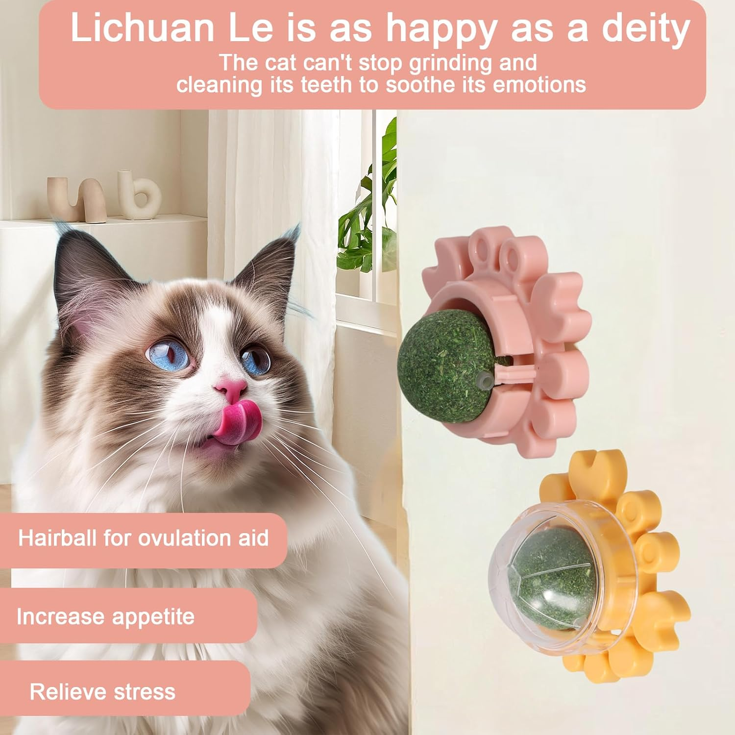 Decordwell Catnip Wall, Pack of 3 Rotating Catnip Ball, 360&deg; Rotatable Leaky Interactive, with Lid, Interactive, for Cleaning Teeth Intestinal Digestion (Pink, Green, Yellow) image number 2