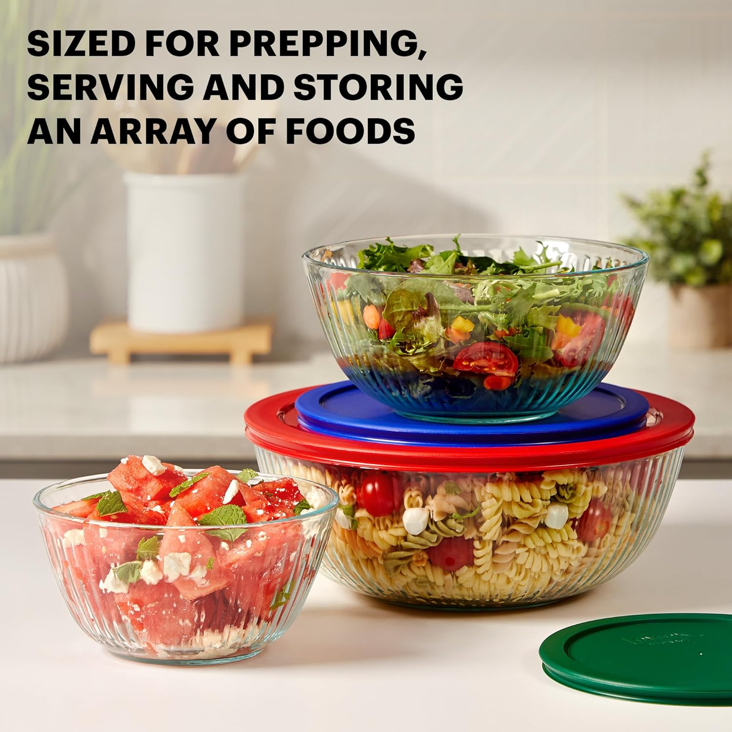 Pyrex Sculpted Large 6-Piece Glass Mixing Bowls, 1.3 QT, 2.3 QT, and 4.5 QT Prepping and Baking Food Storage Set, Dishwasher, Microwave and Freezer Safe