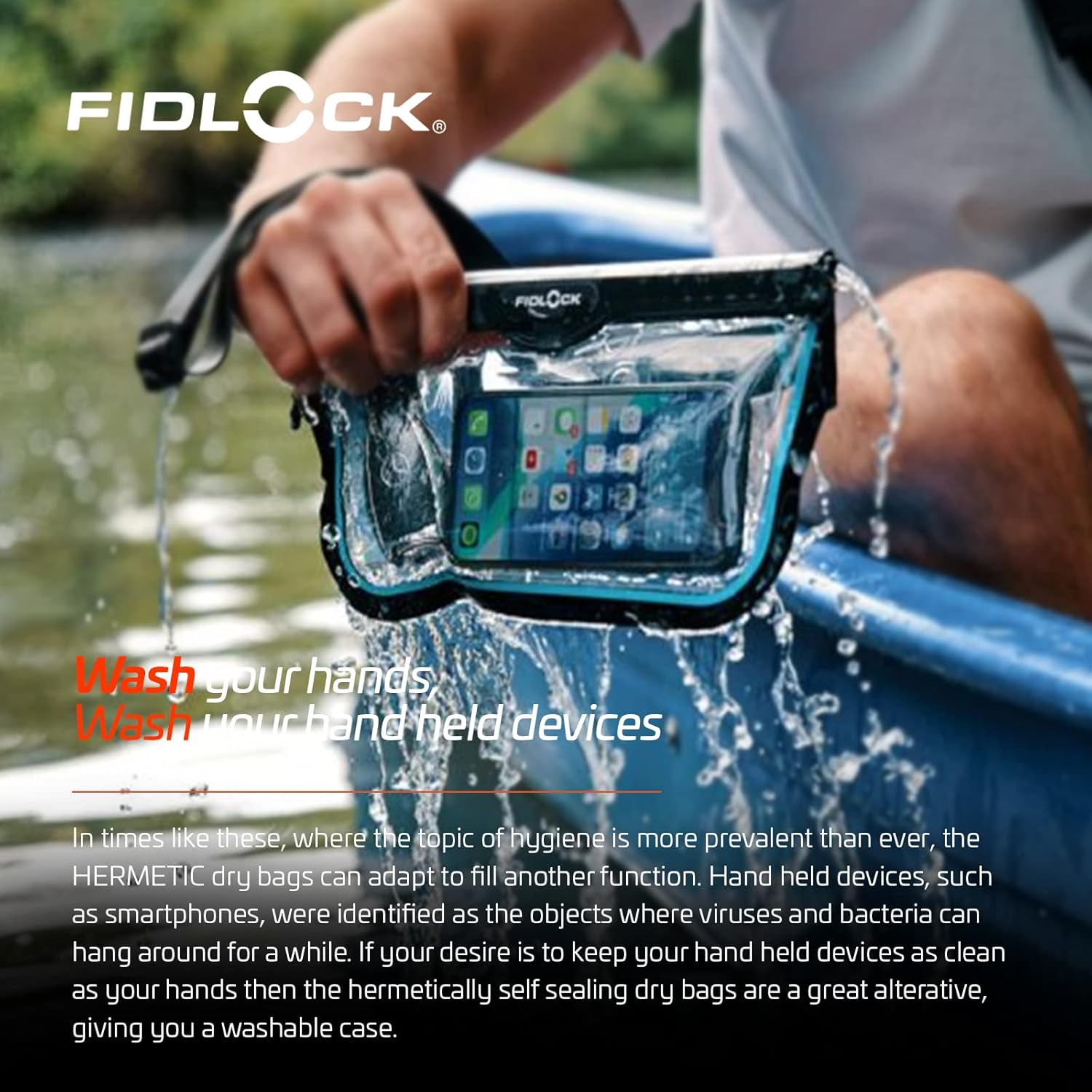 FIDLOCK Hermetic Sling Phone Dry Bag - Waterproof Pouch for Cellphone with Magnetic Self-Sealing Closure - Full Touch Functionality through the Case, Transparent Blue - Black image number 2